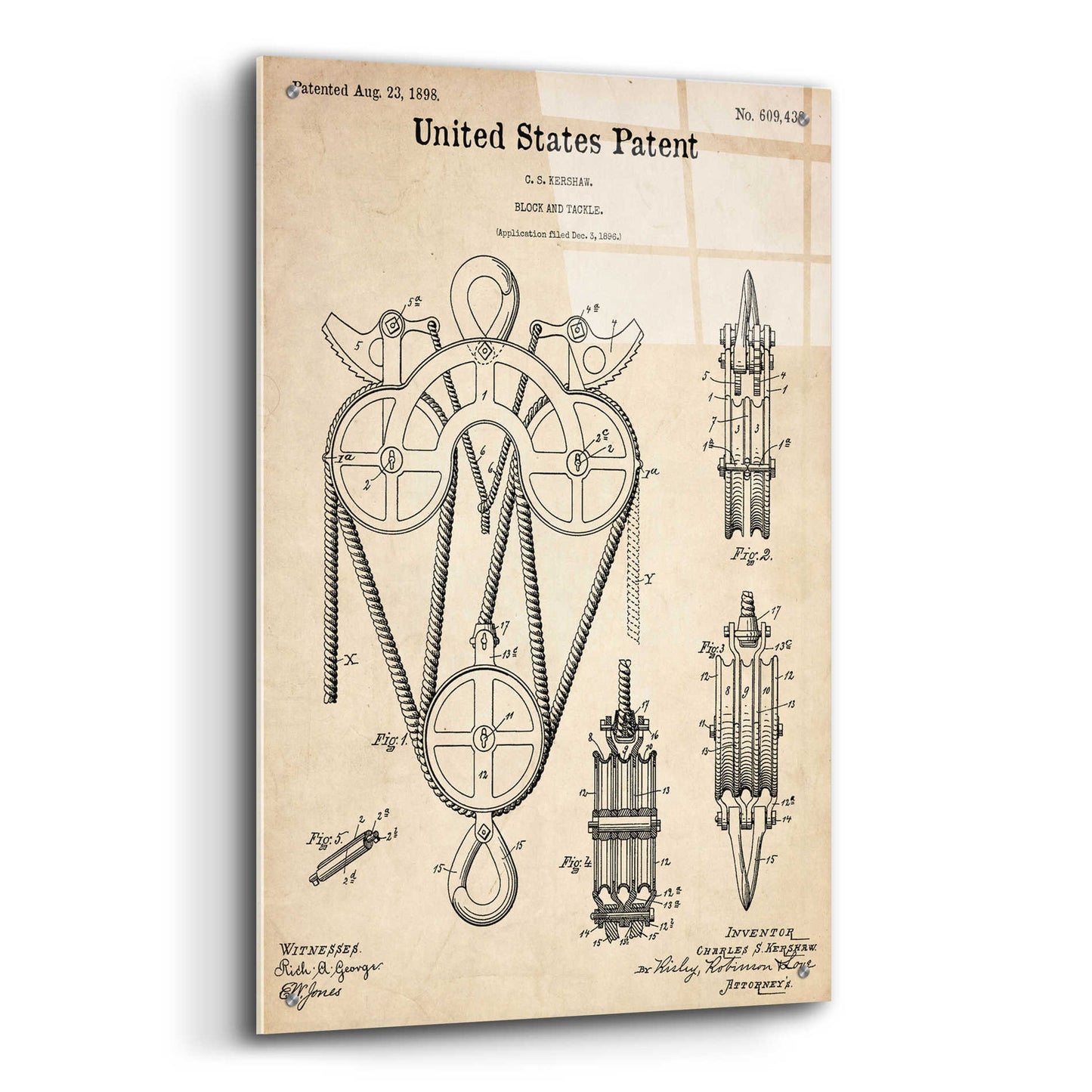 Epic Art 'Block and Tackle Blueprint Patent Parchment,' Acrylic Glass Wall Art,24x36