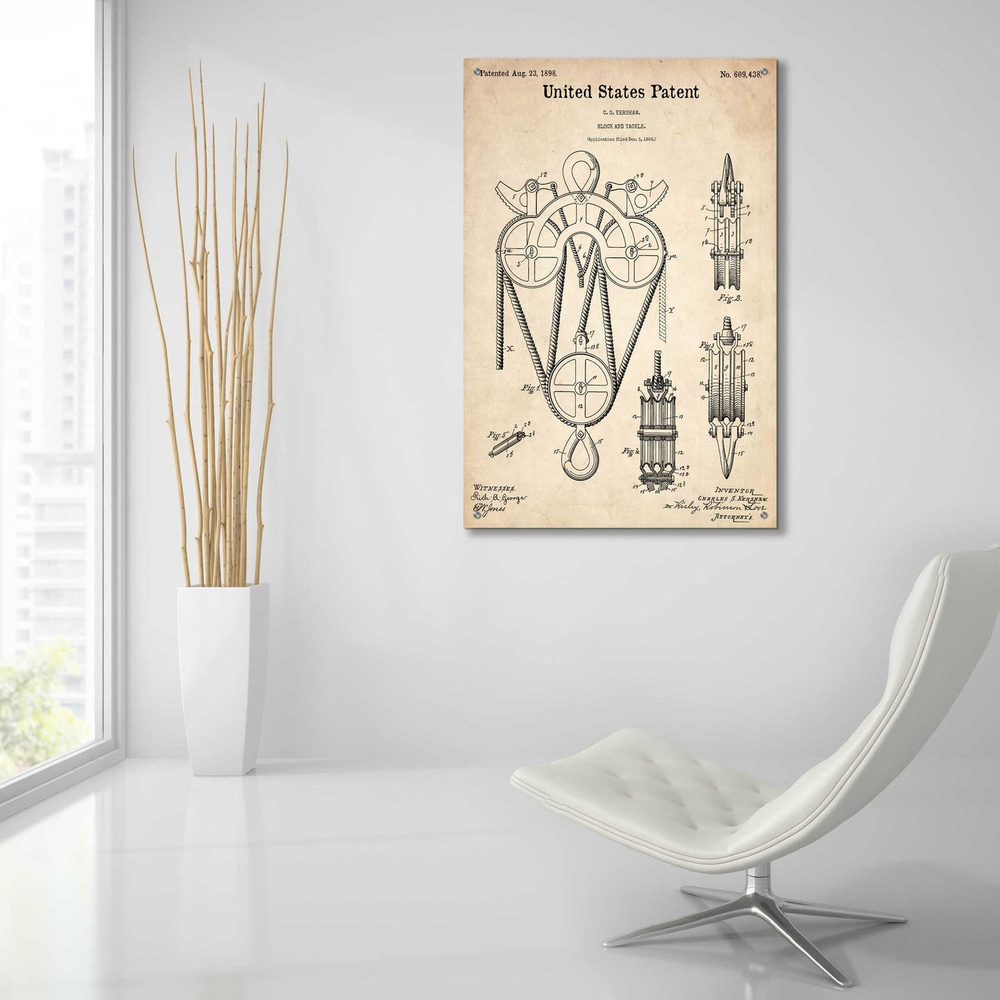 Epic Art 'Block and Tackle Blueprint Patent Parchment,' Acrylic Glass Wall Art,24x36