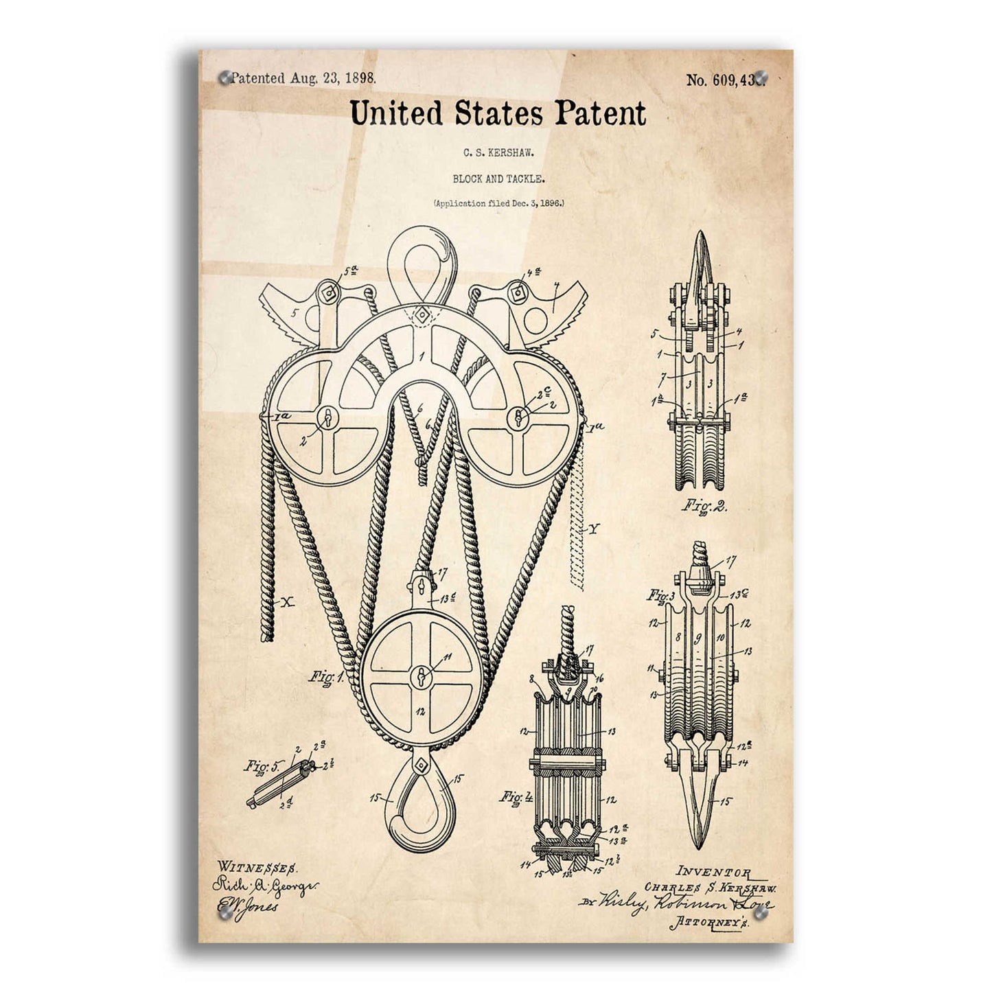 Epic Art 'Block and Tackle Blueprint Patent Parchment,' Acrylic Glass Wall Art,24x36