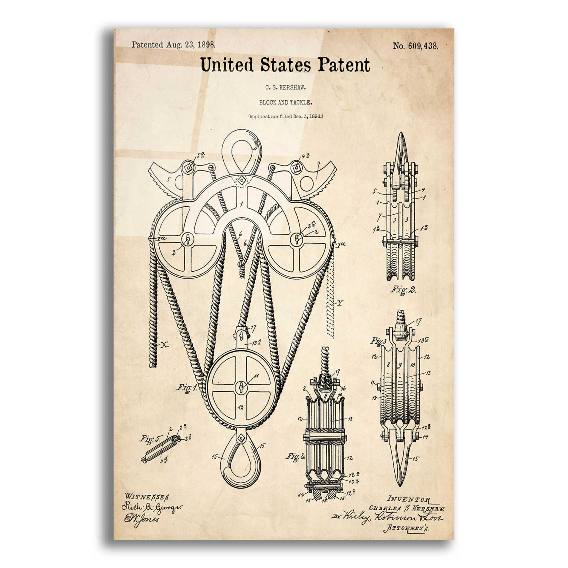 Epic Art 'Block and Tackle Blueprint Patent Parchment,' Acrylic Glass Wall Art,12x16x1.1x0,18x26x1.1x0,26x34x1.74x0,40x54x1.74x0