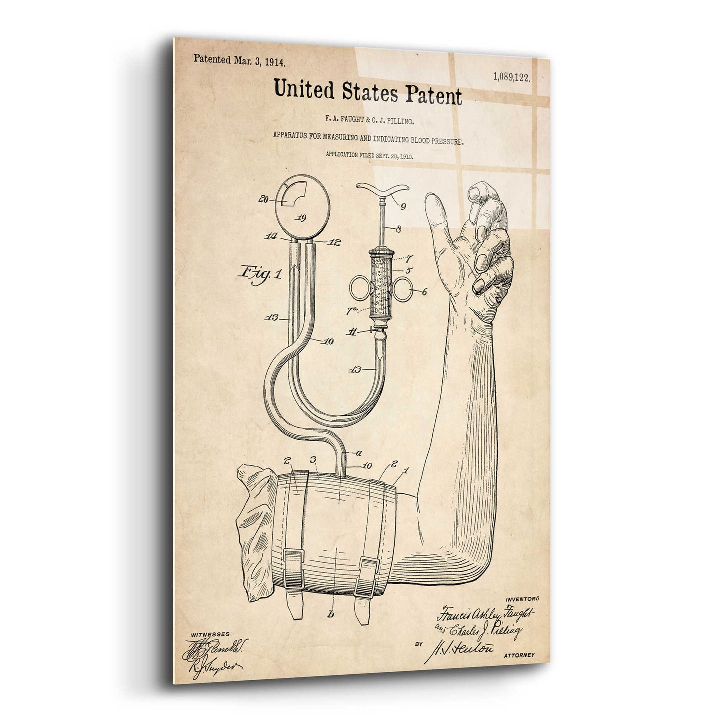 Epic Art 'Blood Pressure Pump  Blueprint Patent Parchment,' Acrylic Glass Wall Art,12x16