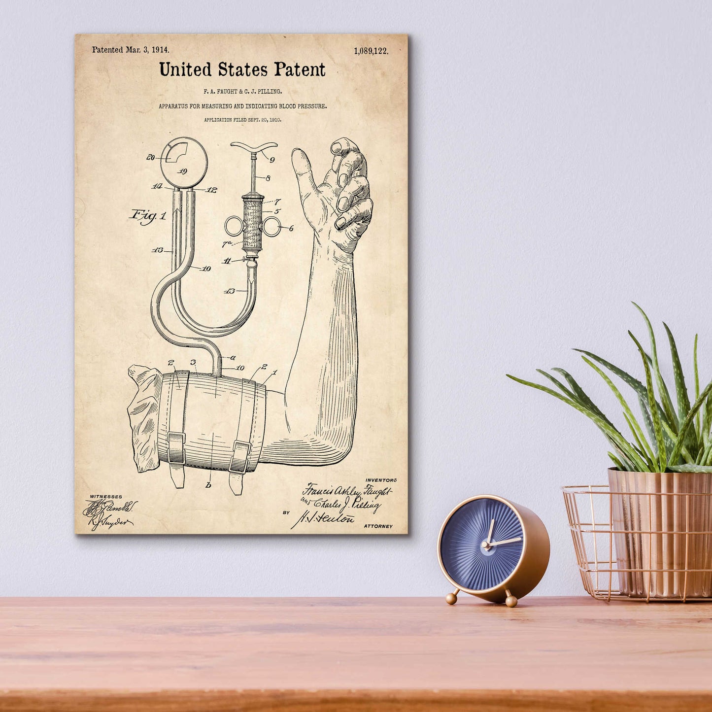 Epic Art 'Blood Pressure Pump  Blueprint Patent Parchment,' Acrylic Glass Wall Art,12x16