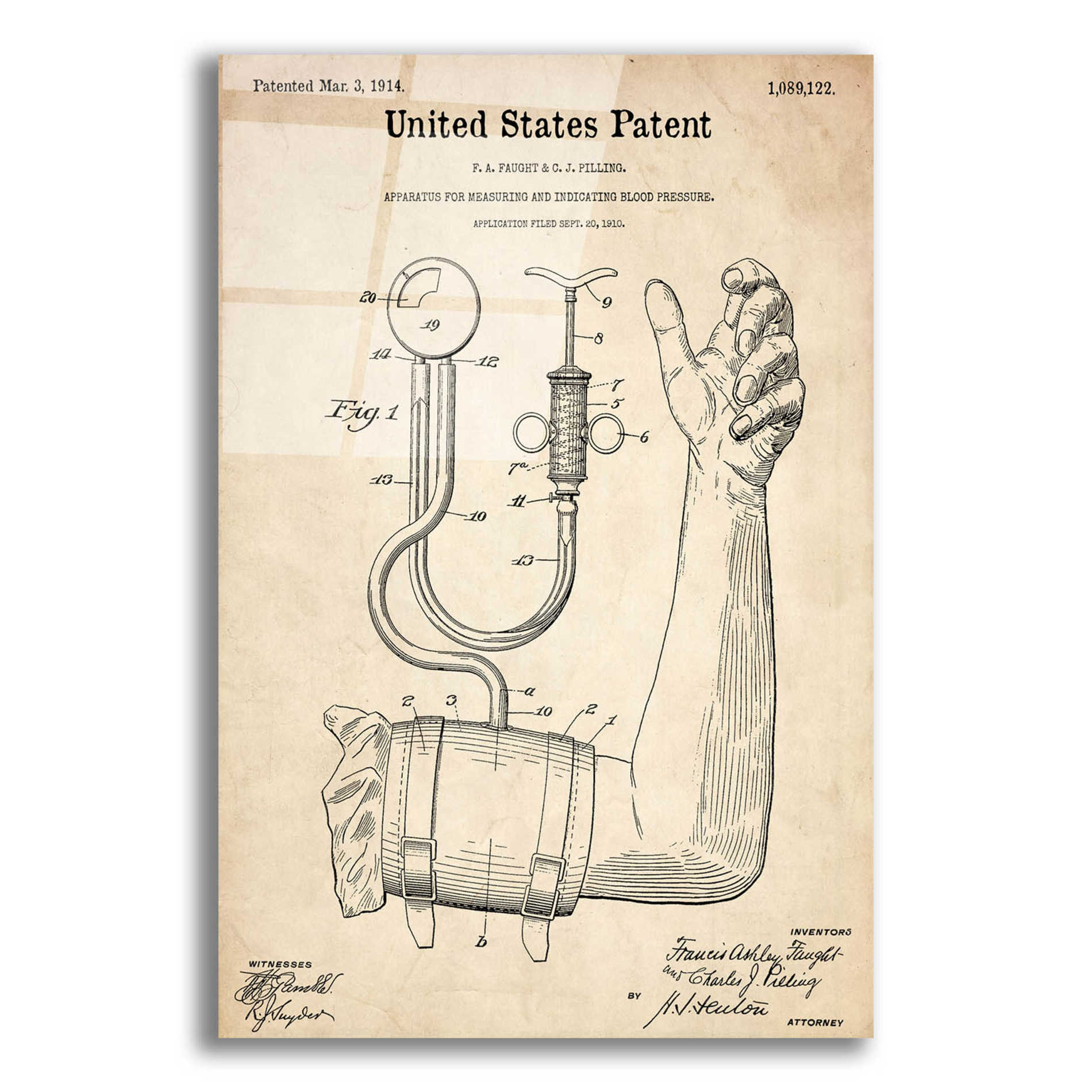 Epic Art 'Blood Pressure Pump  Blueprint Patent Parchment,' Acrylic Glass Wall Art,12x16