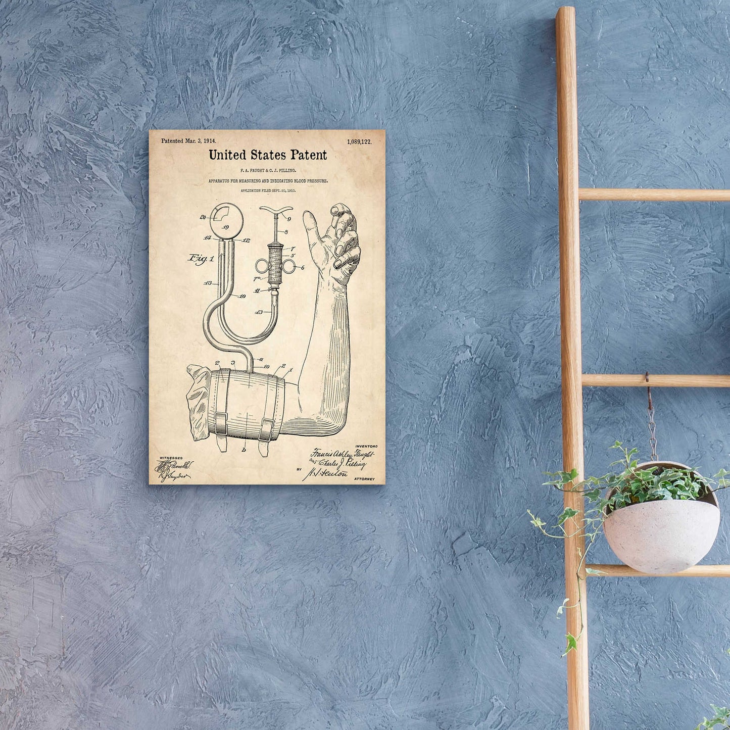 Epic Art 'Blood Pressure Pump  Blueprint Patent Parchment,' Acrylic Glass Wall Art,16x24