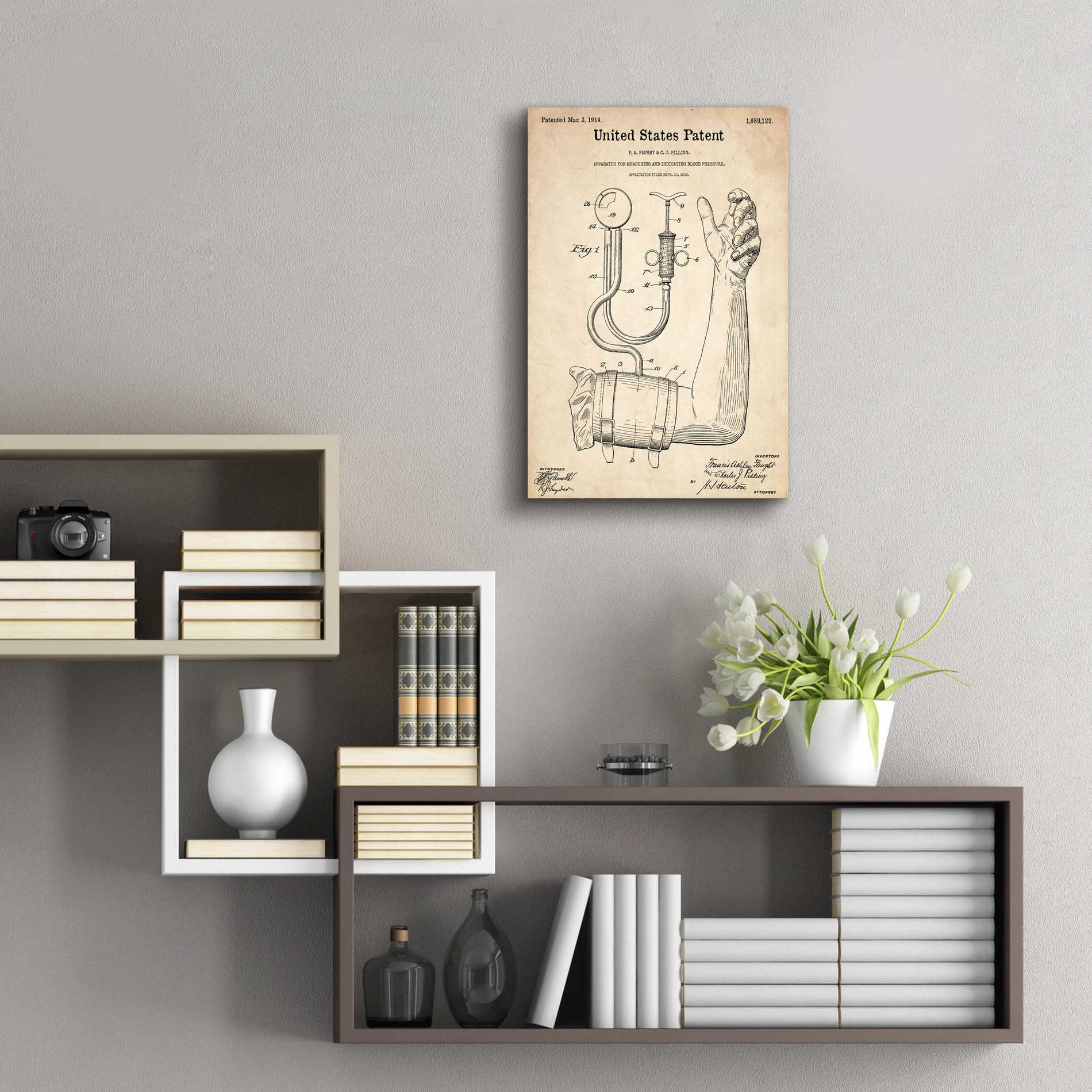 Epic Art 'Blood Pressure Pump  Blueprint Patent Parchment,' Acrylic Glass Wall Art,16x24