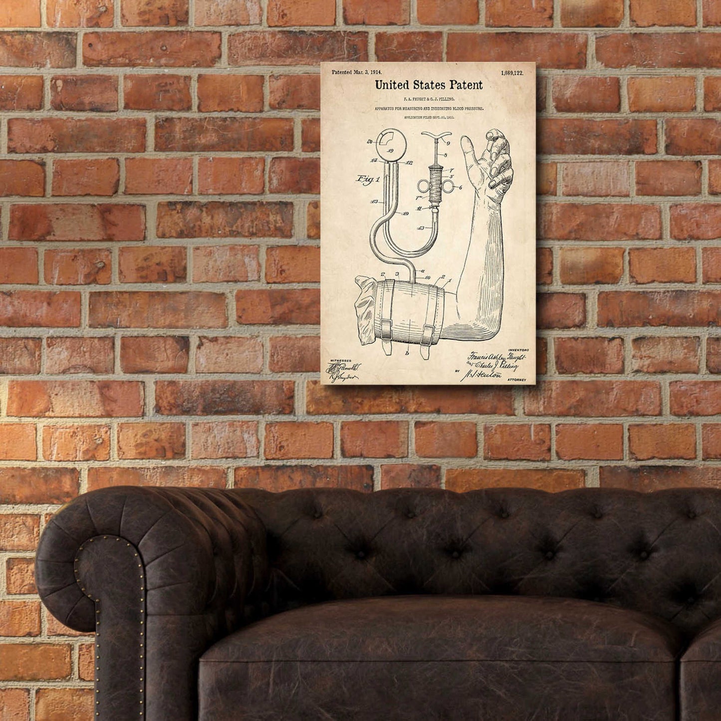 Epic Art 'Blood Pressure Pump  Blueprint Patent Parchment,' Acrylic Glass Wall Art,16x24