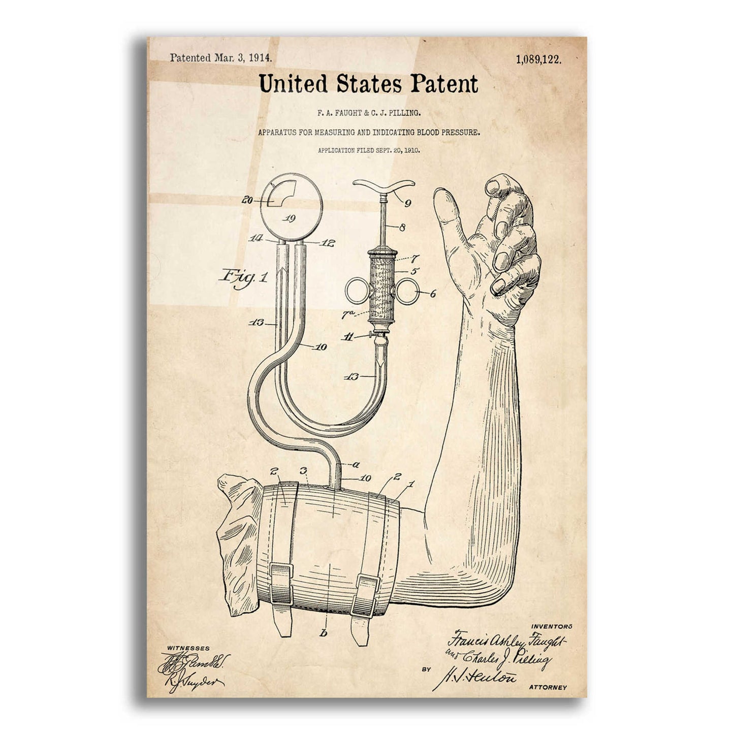 Epic Art 'Blood Pressure Pump  Blueprint Patent Parchment,' Acrylic Glass Wall Art,16x24