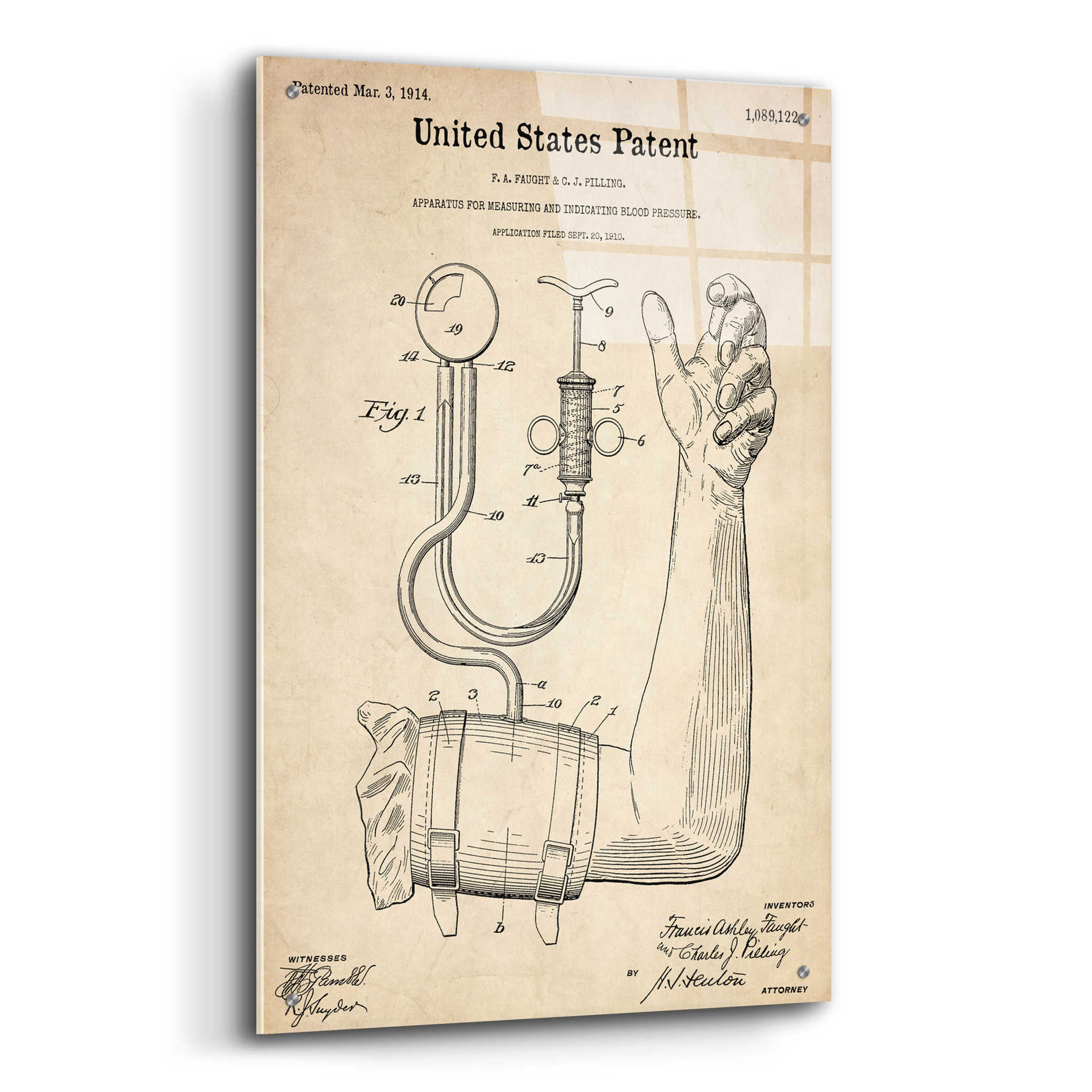 Epic Art 'Blood Pressure Pump  Blueprint Patent Parchment,' Acrylic Glass Wall Art,24x36