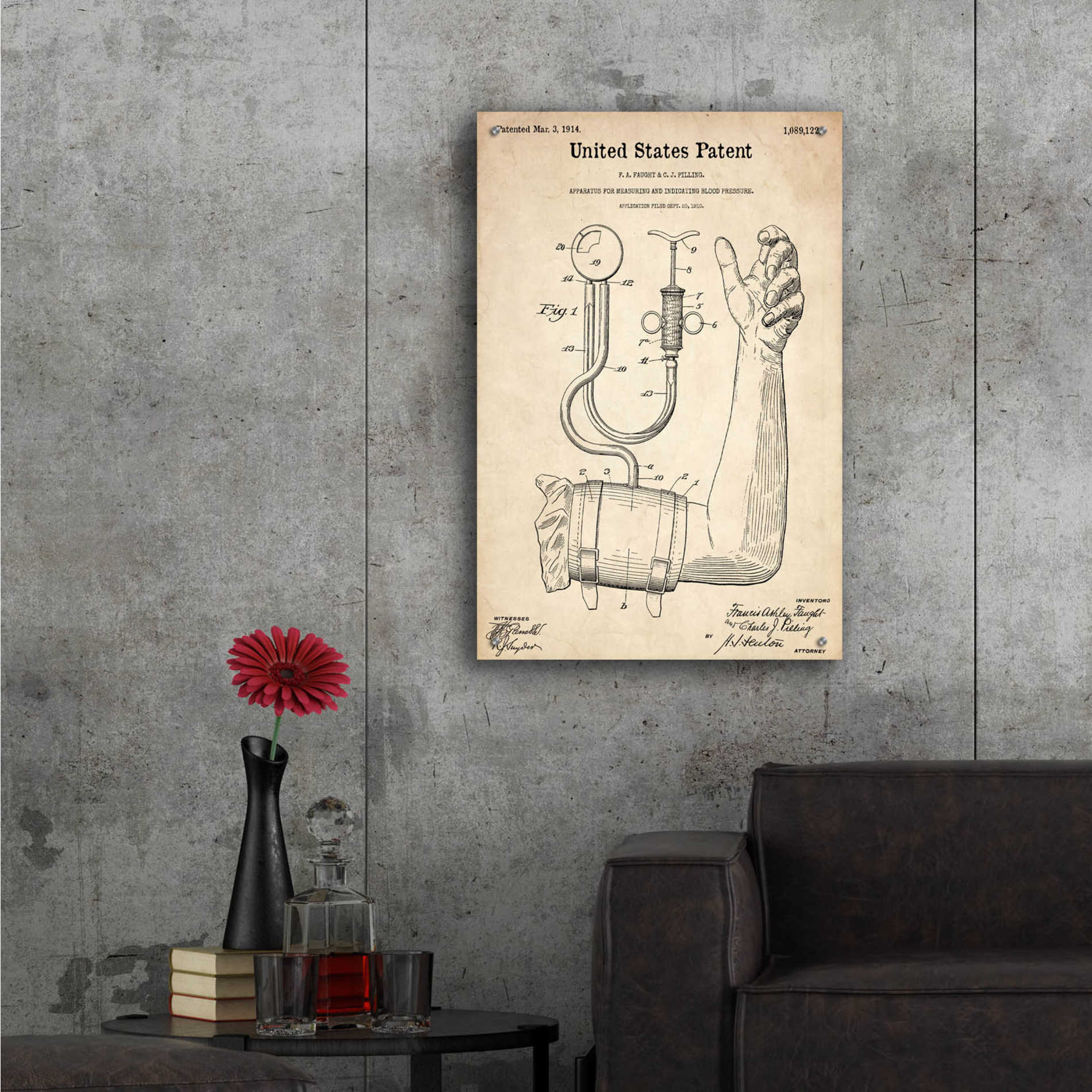 Epic Art 'Blood Pressure Pump  Blueprint Patent Parchment,' Acrylic Glass Wall Art,24x36