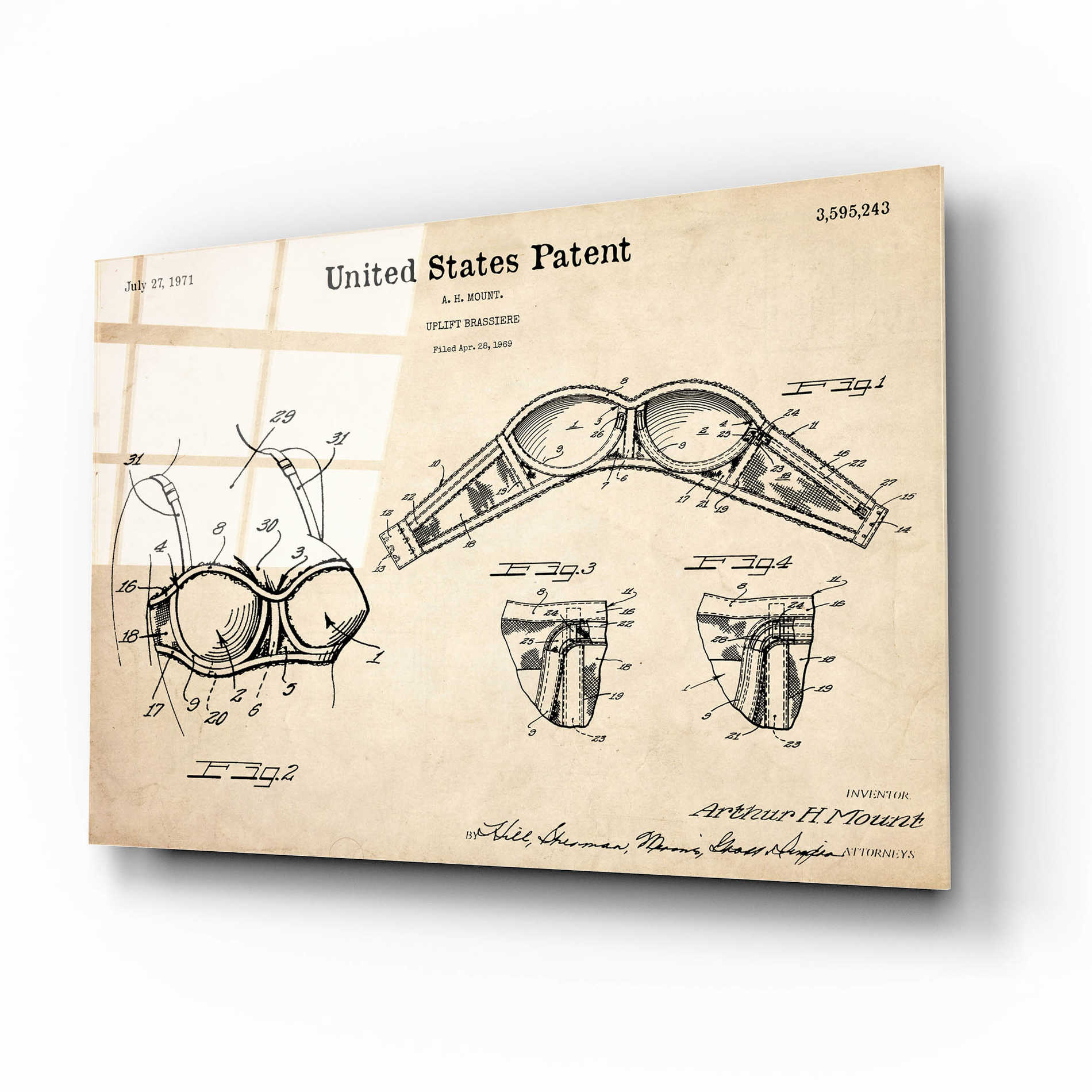 Epic Art 'Push-up Bra Blueprint Patent Parchment,' Acrylic Glass Wall Art,16x12