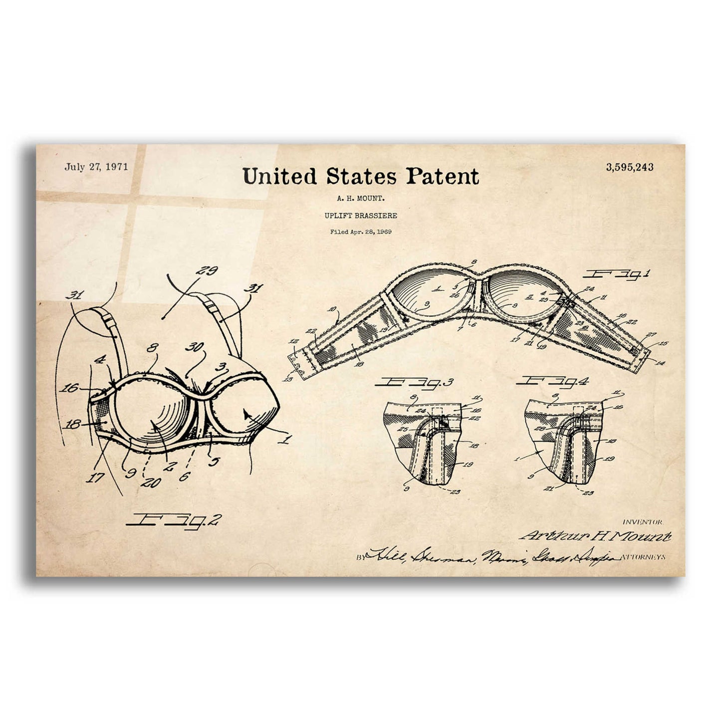 Epic Art 'Push-up Bra Blueprint Patent Parchment,' Acrylic Glass Wall Art,16x12