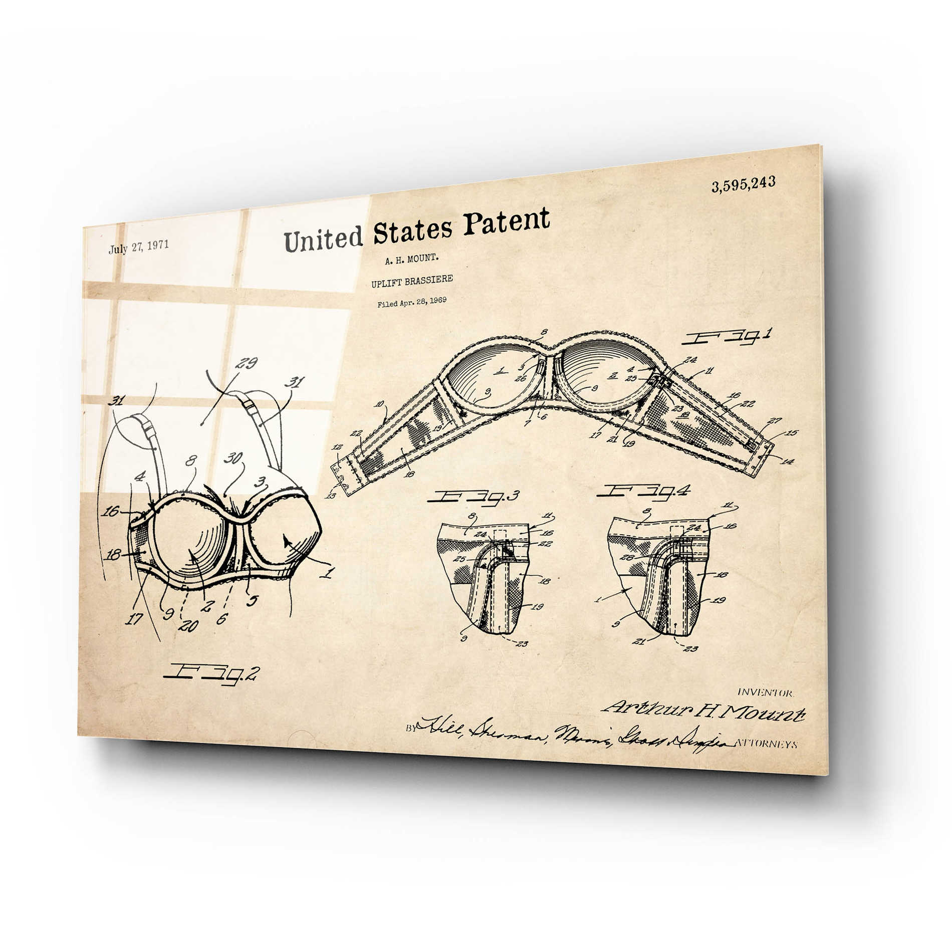 Epic Art 'Push-up Bra Blueprint Patent Parchment,' Acrylic Glass Wall Art,24x16