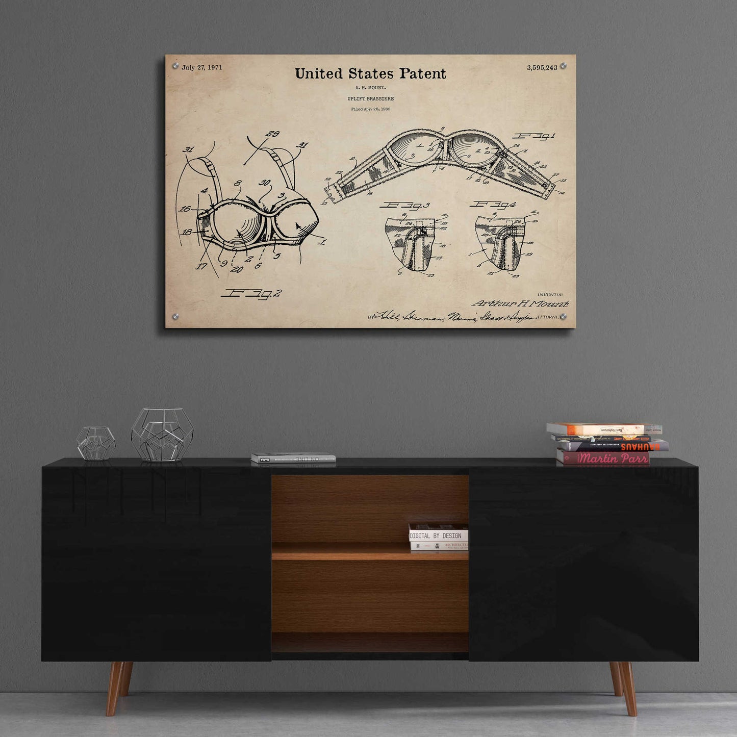 Epic Art 'Push-up Bra Blueprint Patent Parchment,' Acrylic Glass Wall Art,36x24