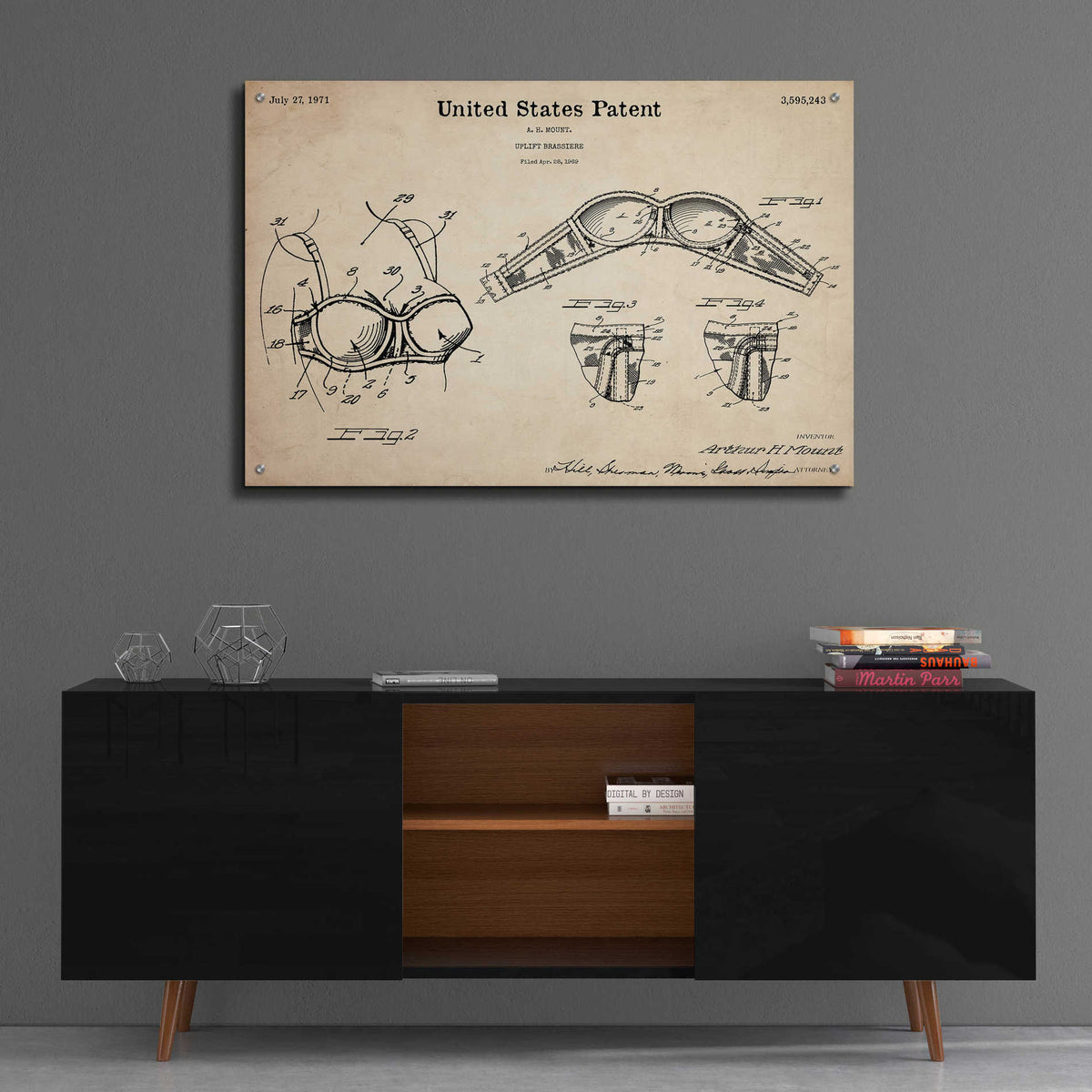 Epic Art 'Push-up Bra Blueprint Patent Parchment,' Acrylic Glass Wall Art,36x24