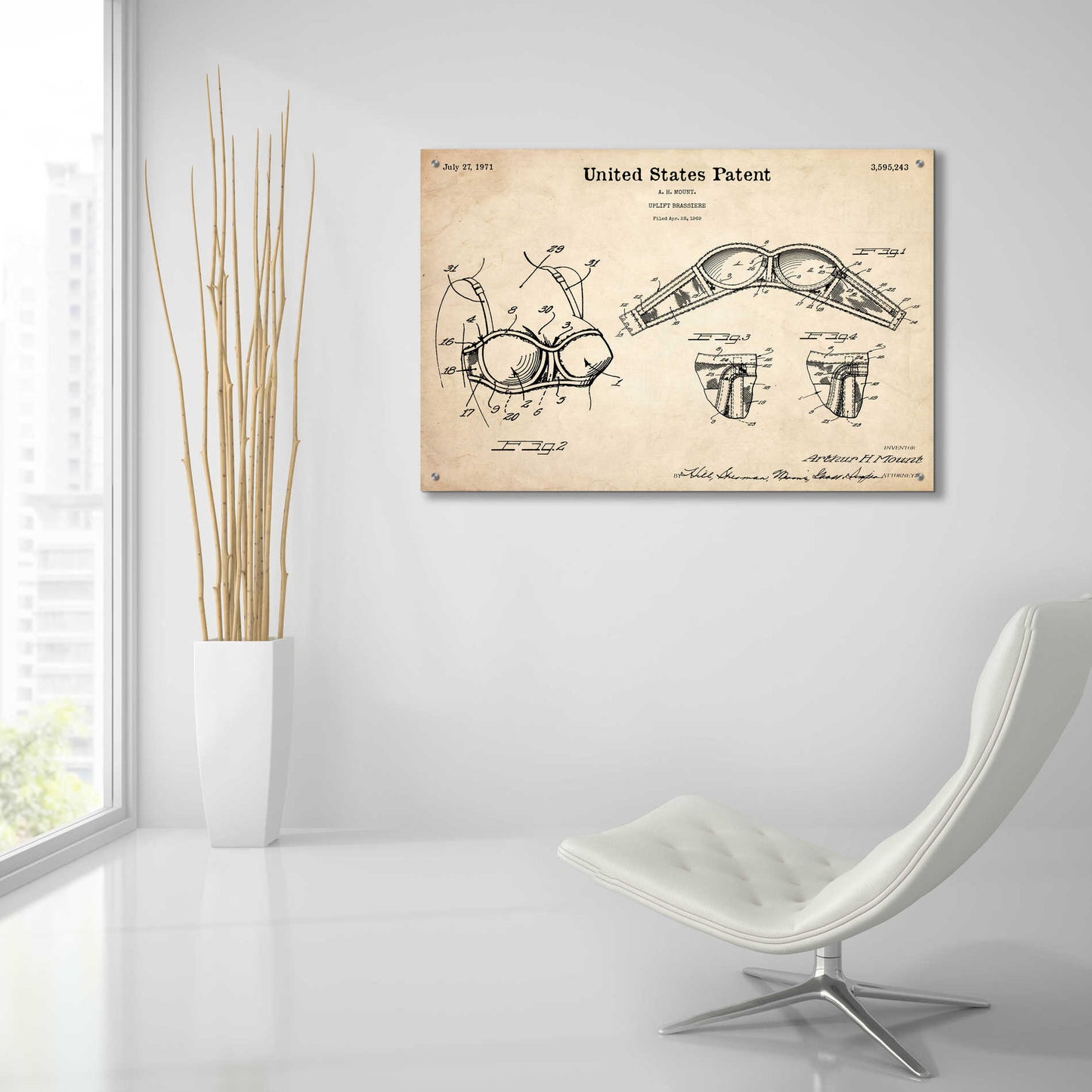 Epic Art 'Push-up Bra Blueprint Patent Parchment,' Acrylic Glass Wall Art,36x24