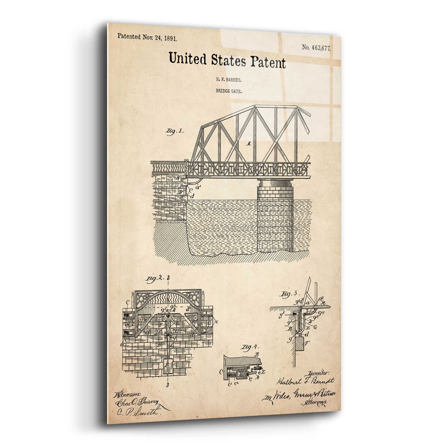 Epic Art 'Bridge Gate Blueprint Patent Parchment,' Acrylic Glass Wall Art,12x16