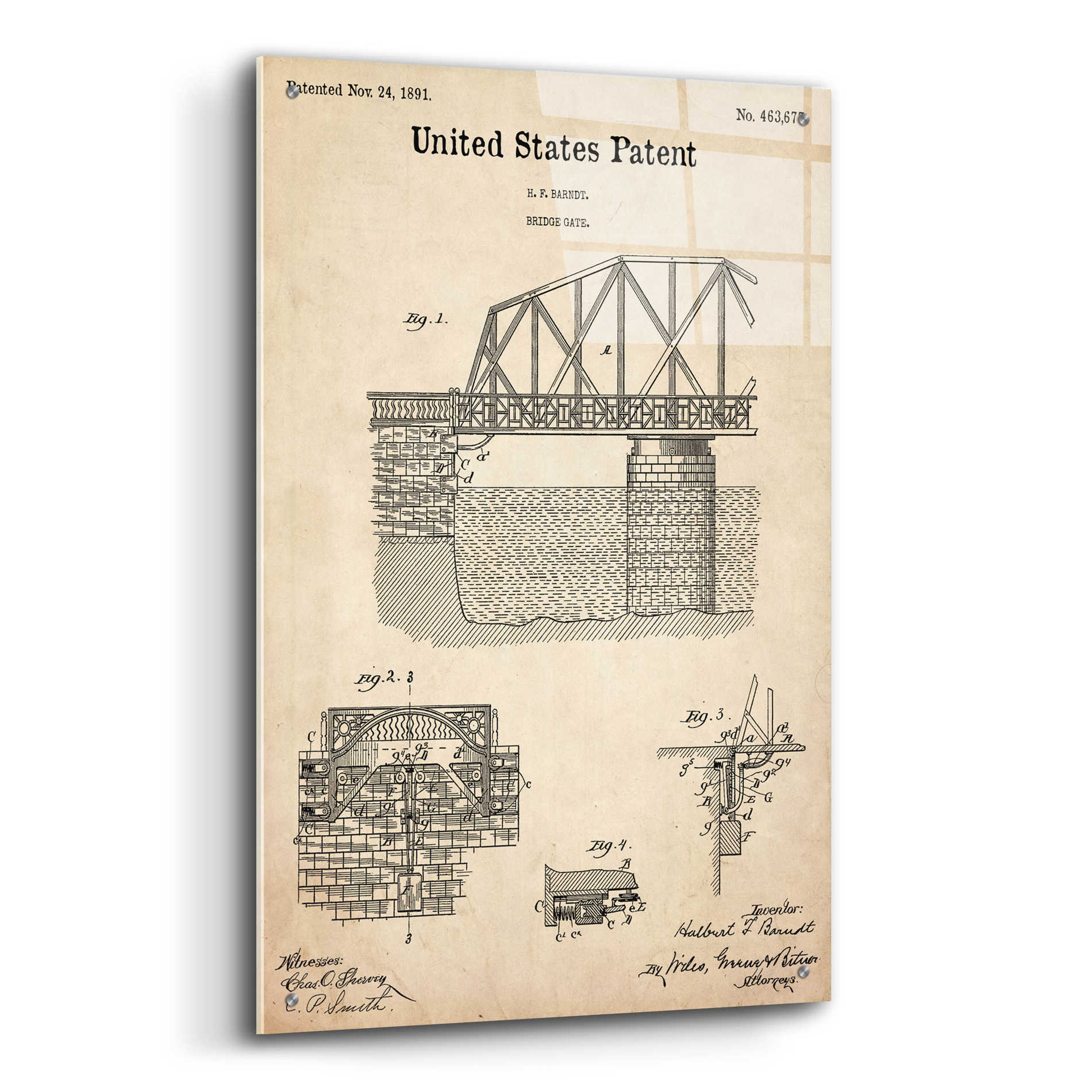 Epic Art 'Bridge Gate Blueprint Patent Parchment,' Acrylic Glass Wall Art,24x36