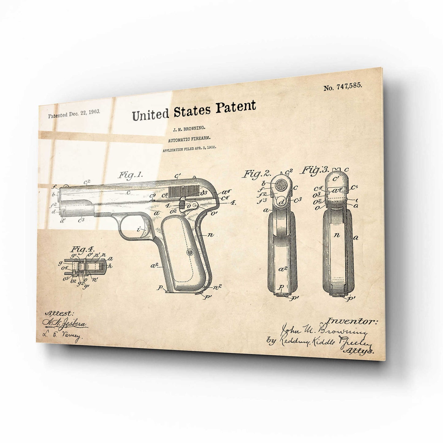 Epic Art 'Pistol Blueprint Patent Parchment,' Acrylic Glass Wall Art,16x12