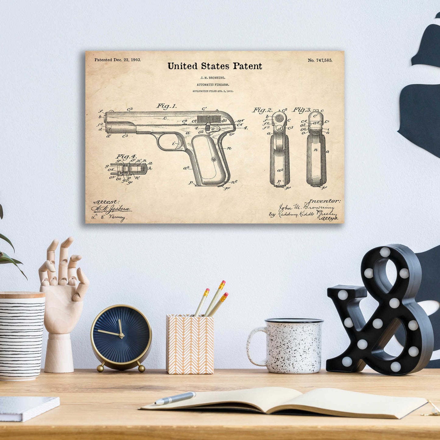 Epic Art 'Pistol Blueprint Patent Parchment,' Acrylic Glass Wall Art,16x12