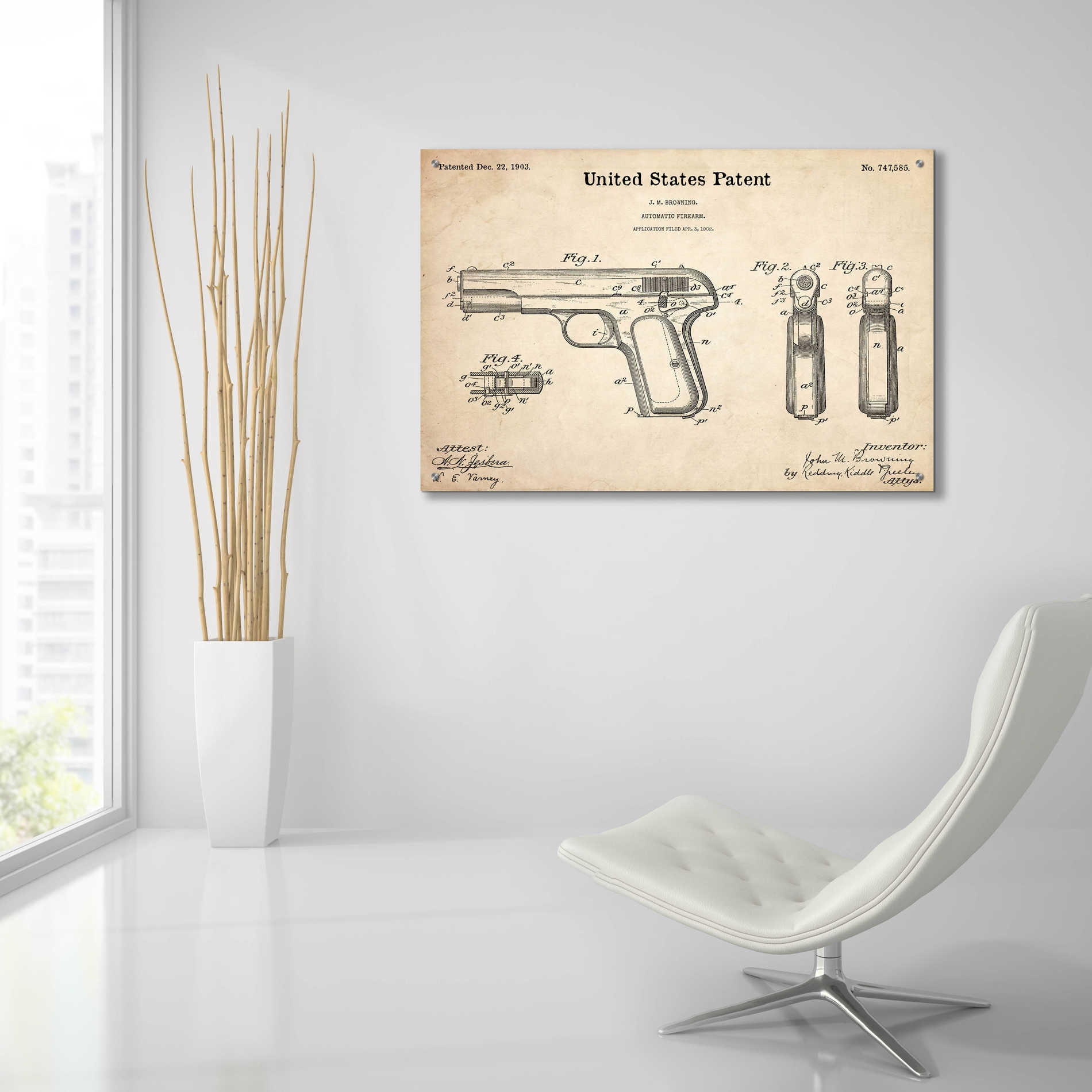 Epic Art 'Pistol Blueprint Patent Parchment,' Acrylic Glass Wall Art,36x24