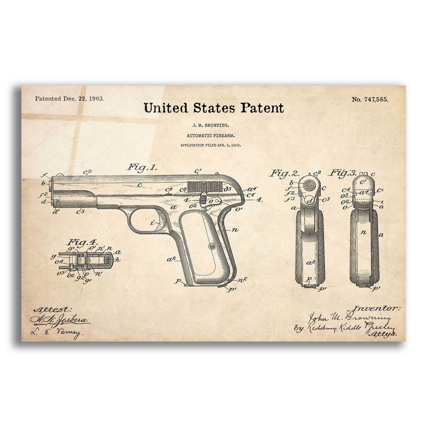 Epic Art 'Pistol Blueprint Patent Parchment,' Acrylic Glass Wall Art,16x12x1.1x0,26x18x1.1x0,34x26x1.74x0,54x40x1.74x0