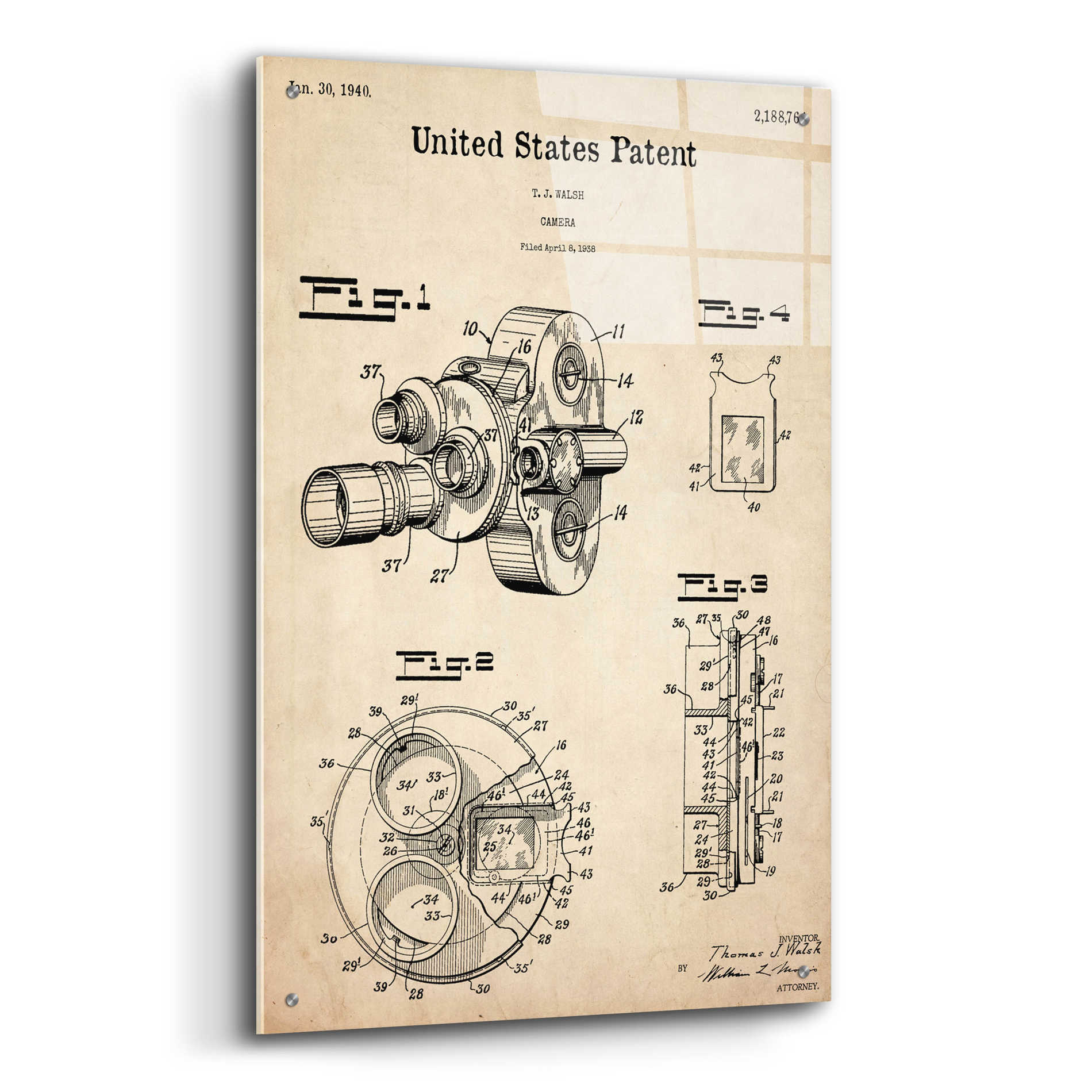 Epic Art 'Film Camera Blueprint Patent Parchment,' Acrylic Glass Wall Art,24x36
