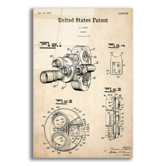 Epic Art 'Film Camera Blueprint Patent Parchment,' Acrylic Glass Wall Art,12x16x1.1x0,18x26x1.1x0,26x34x1.74x0,40x54x1.74x0