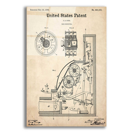 Epic Art 'Cash Register Blueprint Patent Parchment,' Acrylic Glass Wall Art,12x16x1.1x0,18x26x1.1x0,26x34x1.74x0,40x54x1.74x0