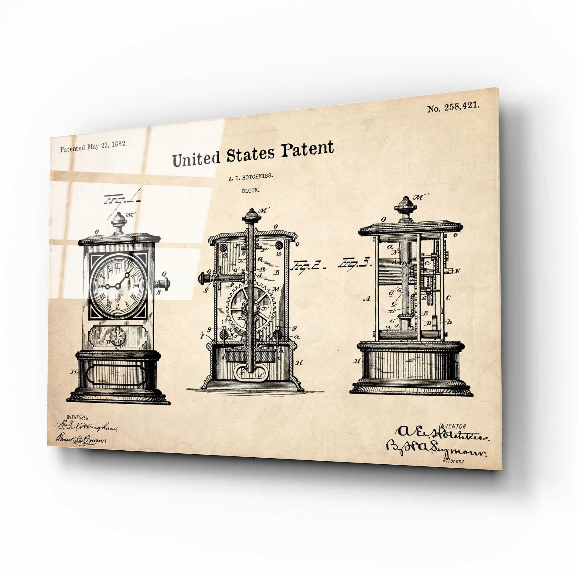 Epic Art 'Clock Blueprint Patent Parchment,' Acrylic Glass Wall Art,16x12