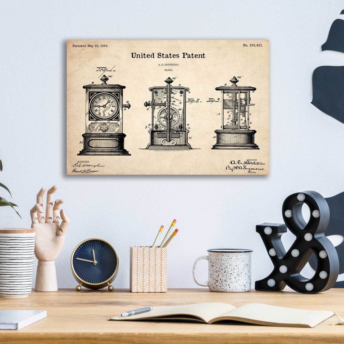 Epic Art 'Clock Blueprint Patent Parchment,' Acrylic Glass Wall Art,16x12