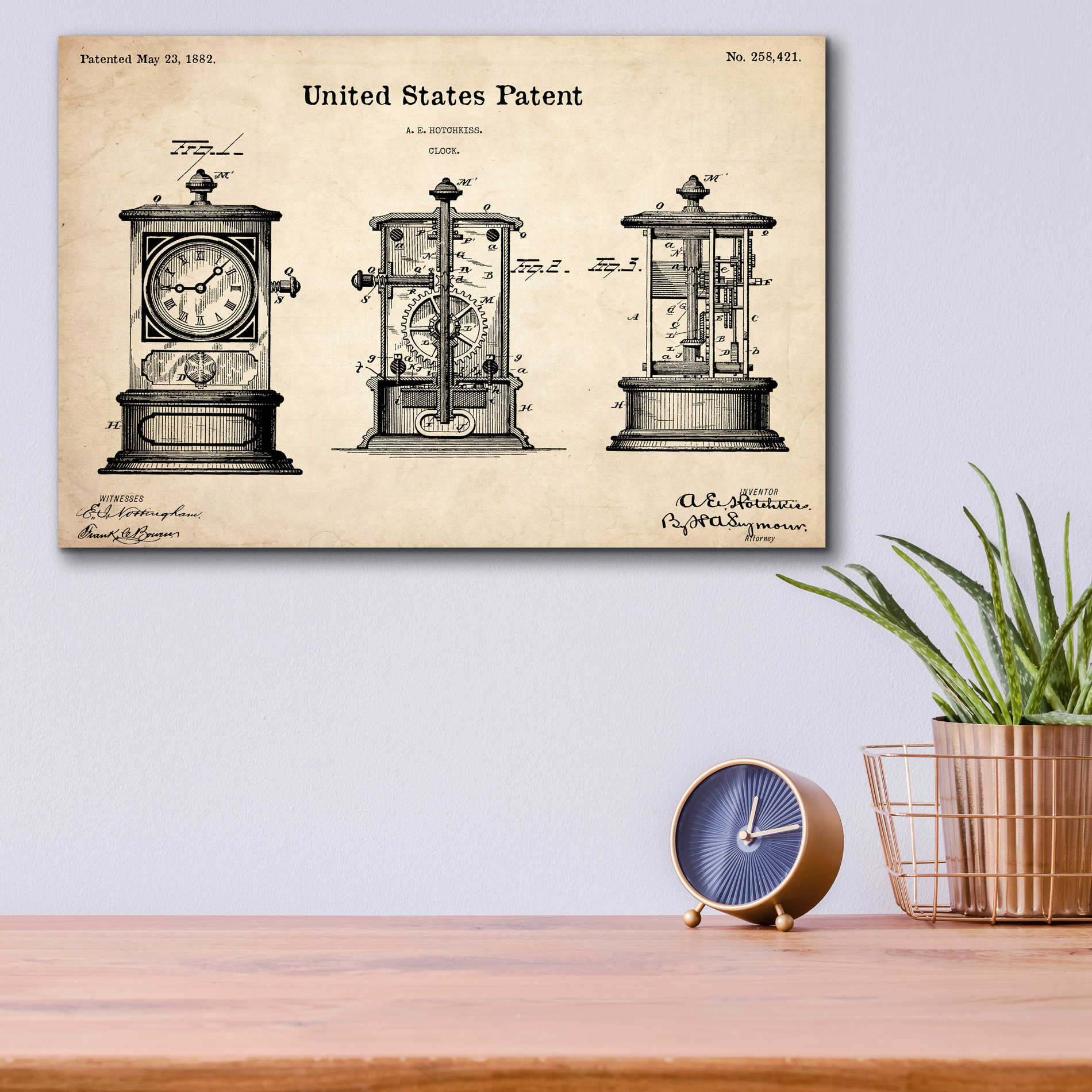 Epic Art 'Clock Blueprint Patent Parchment,' Acrylic Glass Wall Art,16x12