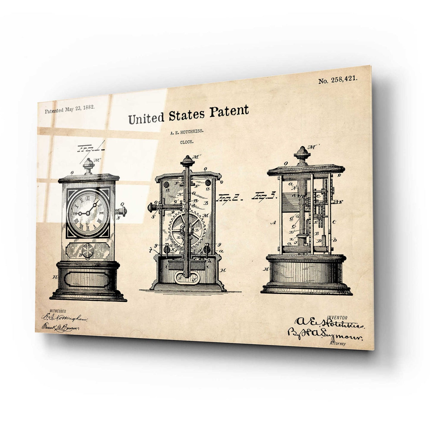 Epic Art 'Clock Blueprint Patent Parchment,' Acrylic Glass Wall Art,24x16