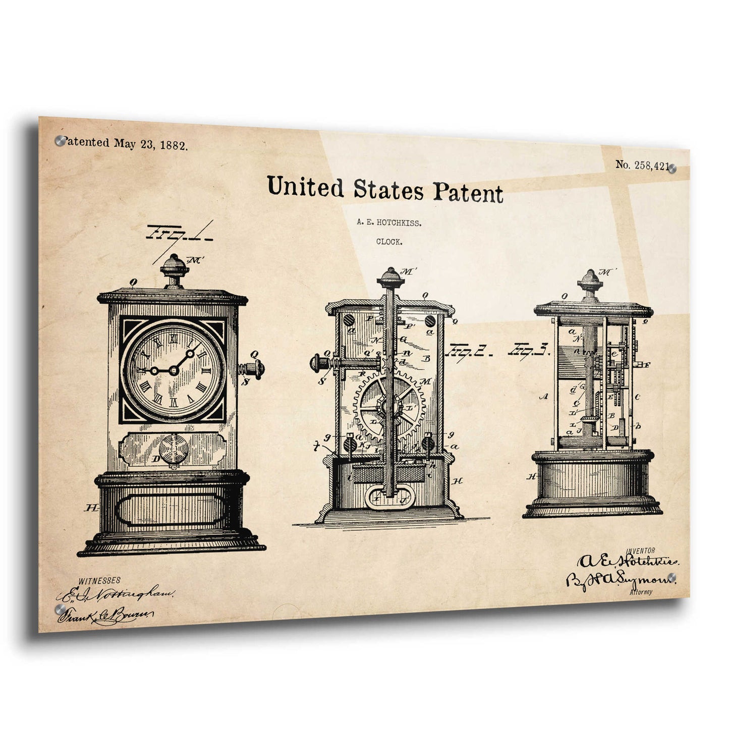 Epic Art 'Clock Blueprint Patent Parchment,' Acrylic Glass Wall Art,36x24