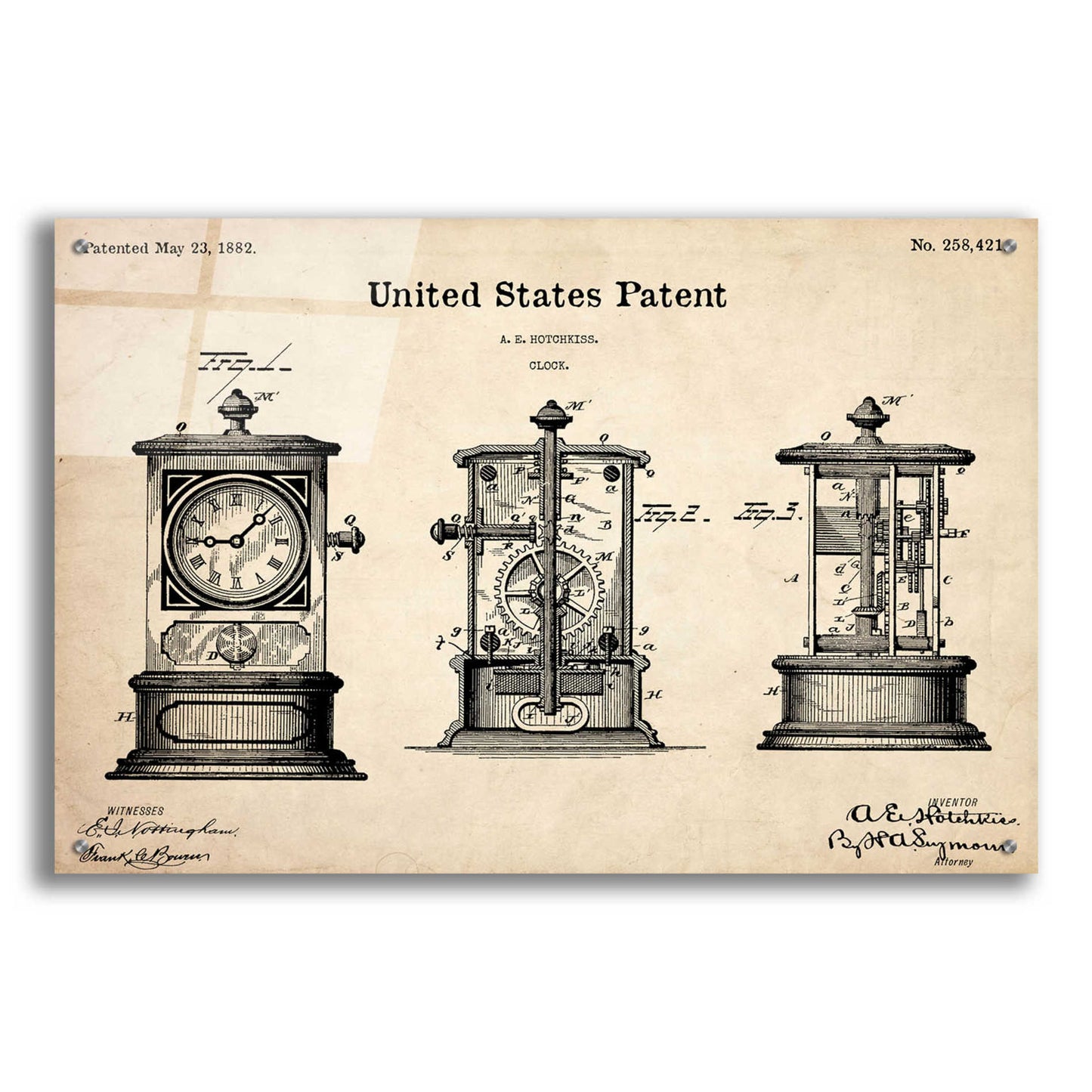 Epic Art 'Clock Blueprint Patent Parchment,' Acrylic Glass Wall Art,36x24