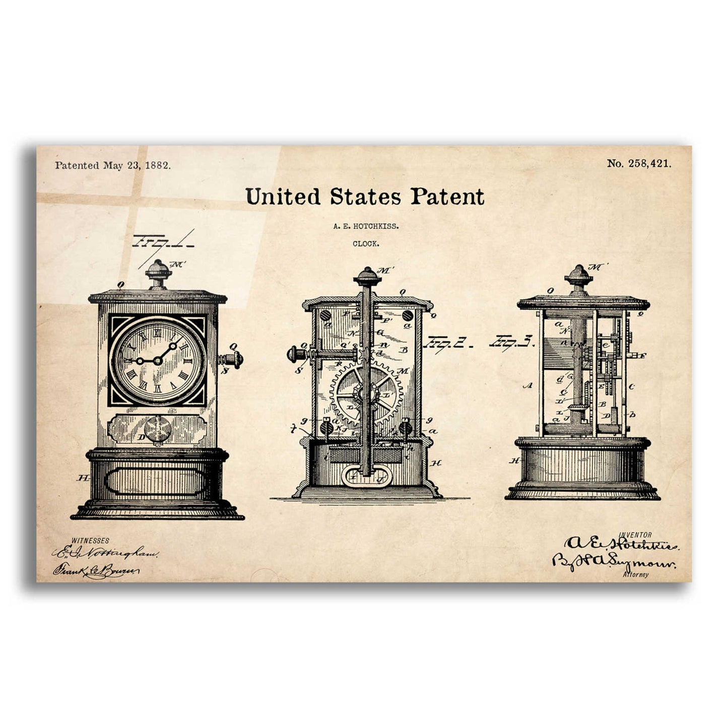 Epic Art 'Clock Blueprint Patent Parchment,' Acrylic Glass Wall Art,16x12x1.1x0,26x18x1.1x0,34x26x1.74x0,54x40x1.74x0