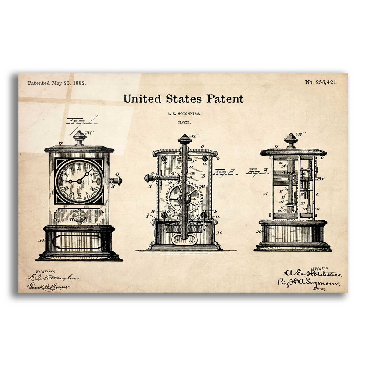 Epic Art 'Clock Blueprint Patent Parchment,' Acrylic Glass Wall Art,16x12x1.1x0,26x18x1.1x0,34x26x1.74x0,54x40x1.74x0