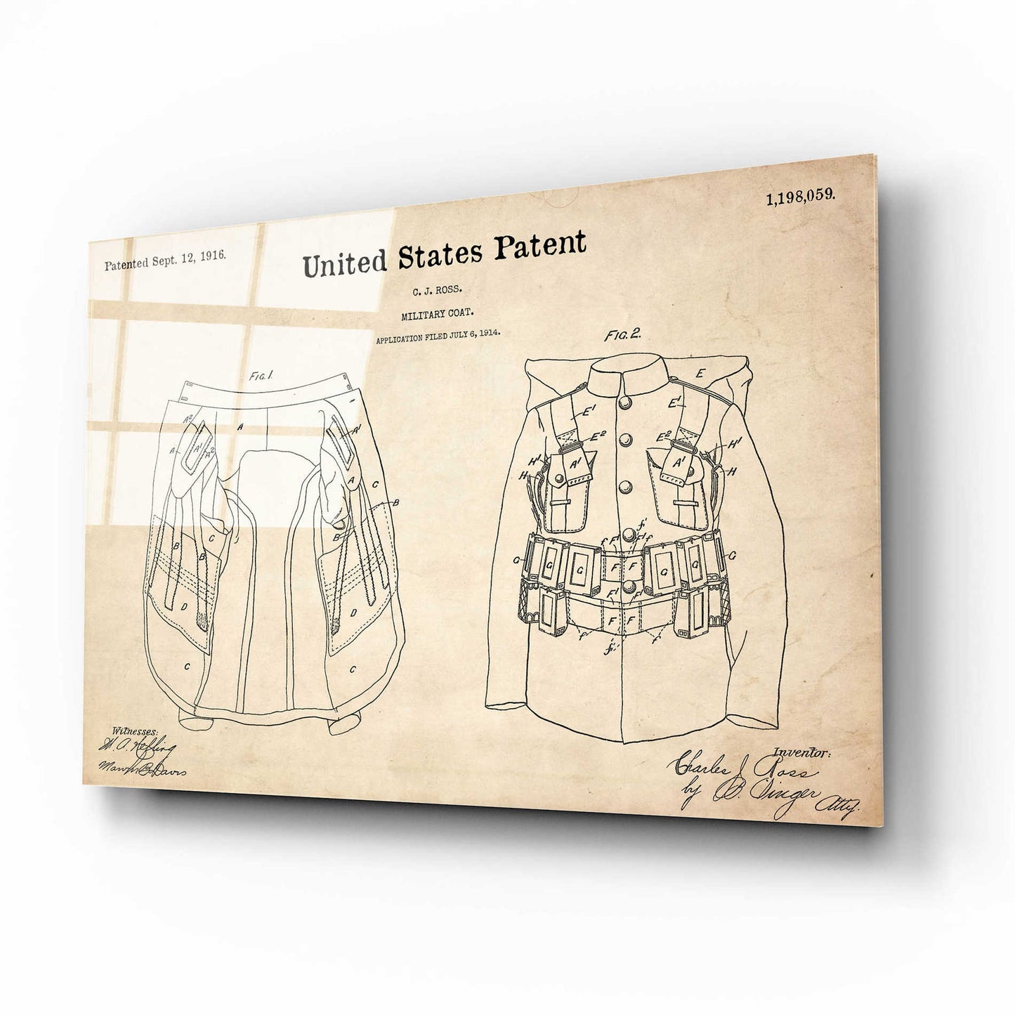 Epic Art 'Military Coat Blueprint Patent Parchment,' Acrylic Glass Wall Art,16x12