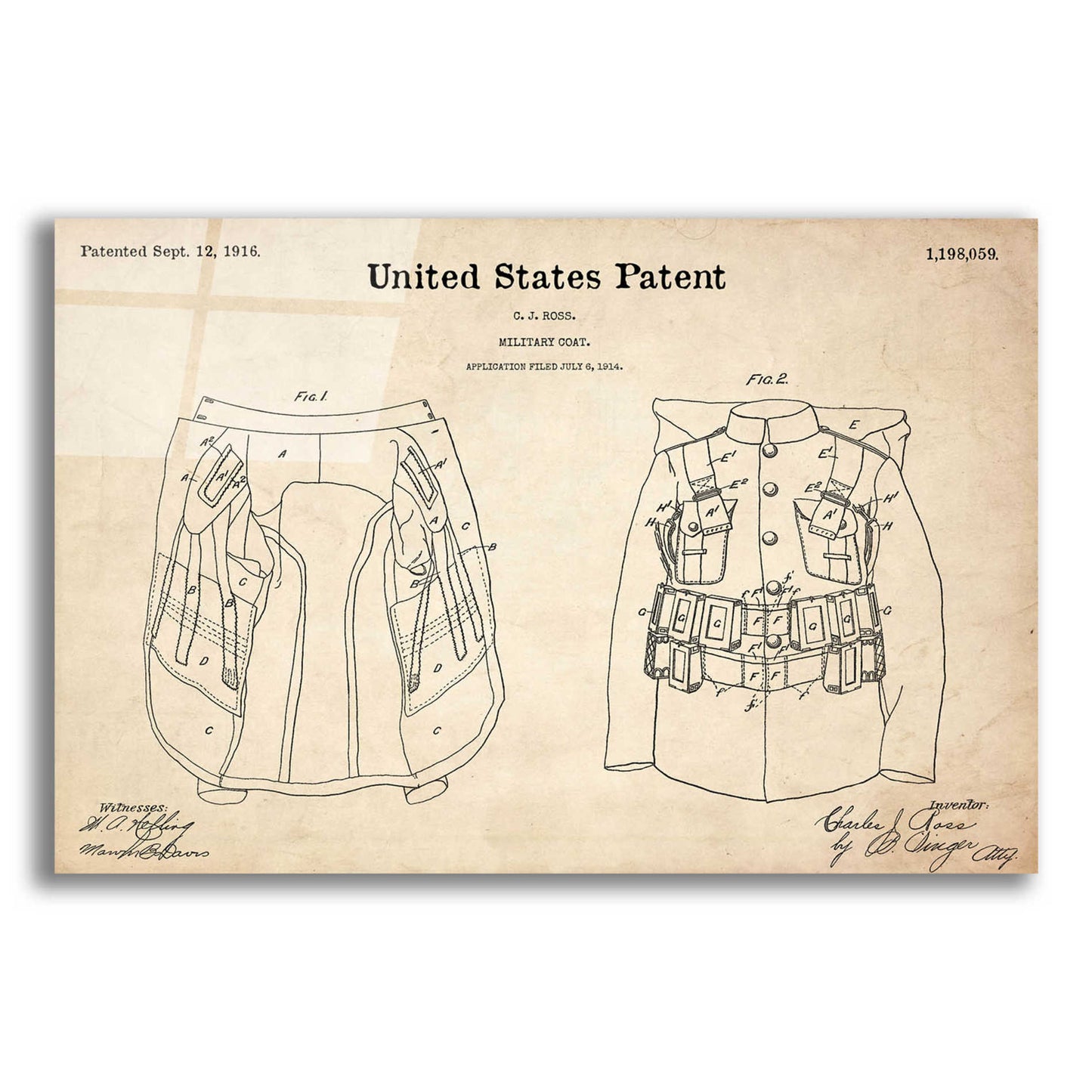 Epic Art 'Military Coat Blueprint Patent Parchment,' Acrylic Glass Wall Art,16x12