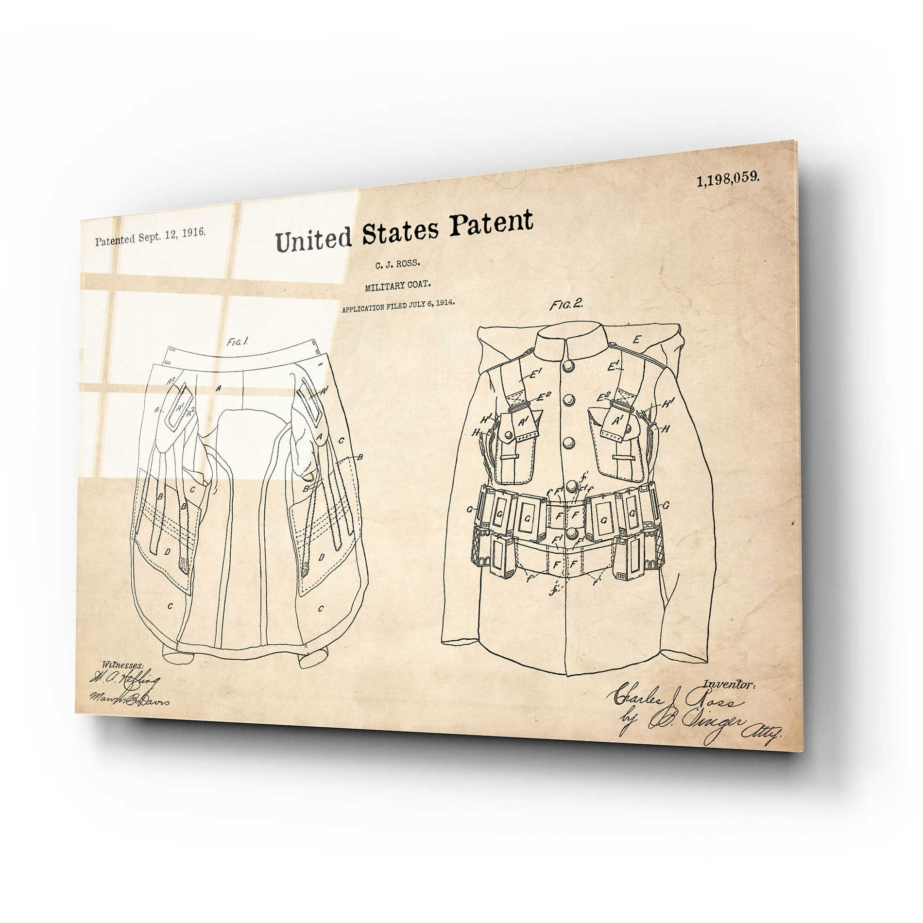 Epic Art 'Military Coat Blueprint Patent Parchment,' Acrylic Glass Wall Art,24x16