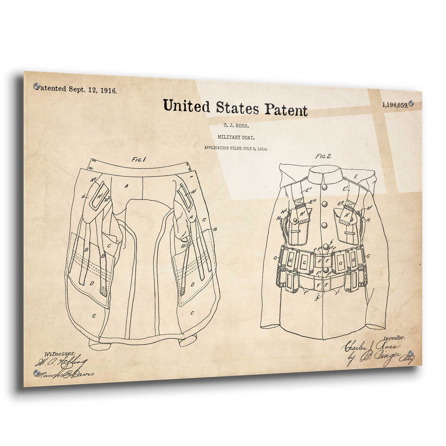 Epic Art 'Military Coat Blueprint Patent Parchment,' Acrylic Glass Wall Art,36x24