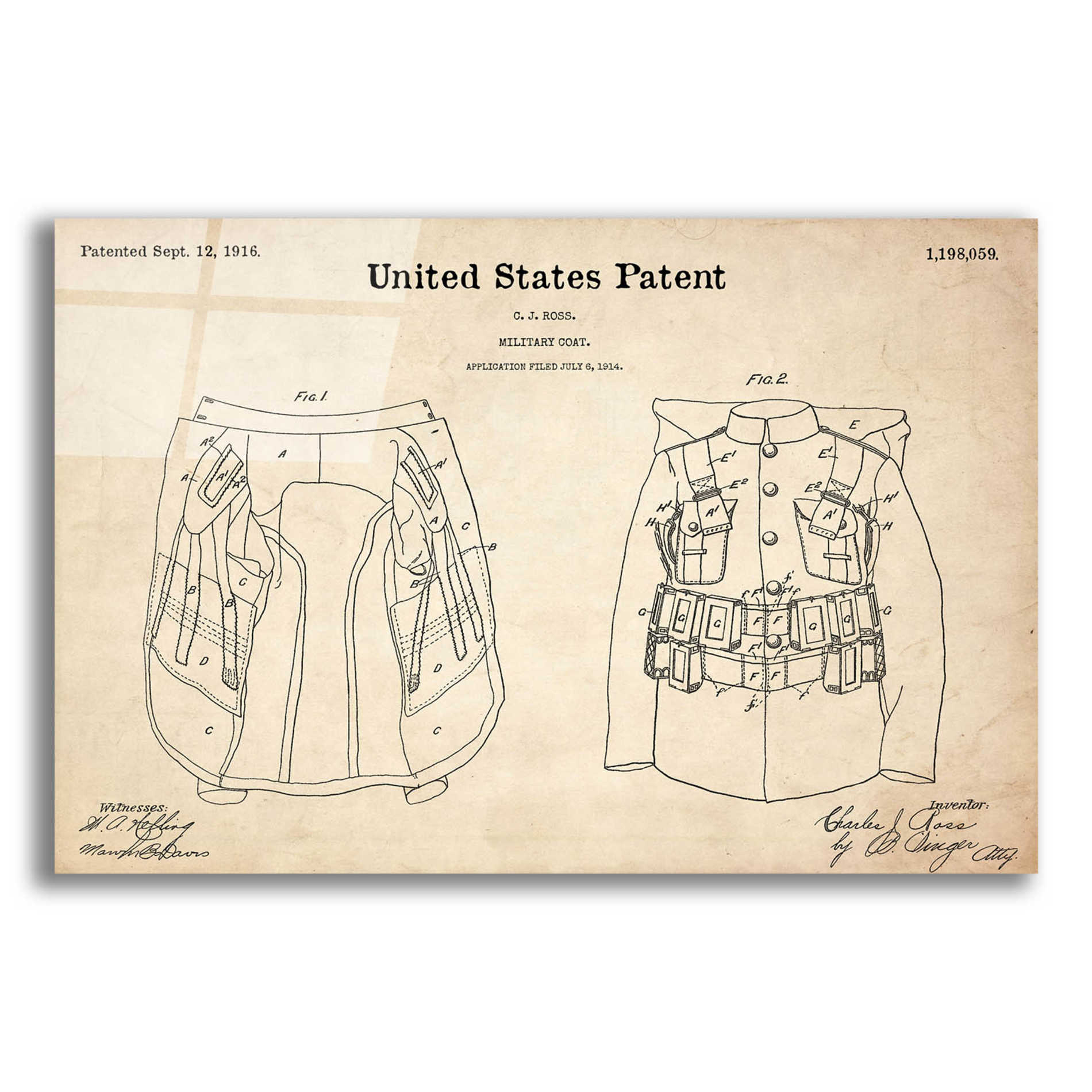 Epic Art 'Military Coat Blueprint Patent Parchment,' Acrylic Glass Wall Art,16x12x1.1x0,26x18x1.1x0,34x26x1.74x0,54x40x1.74x0