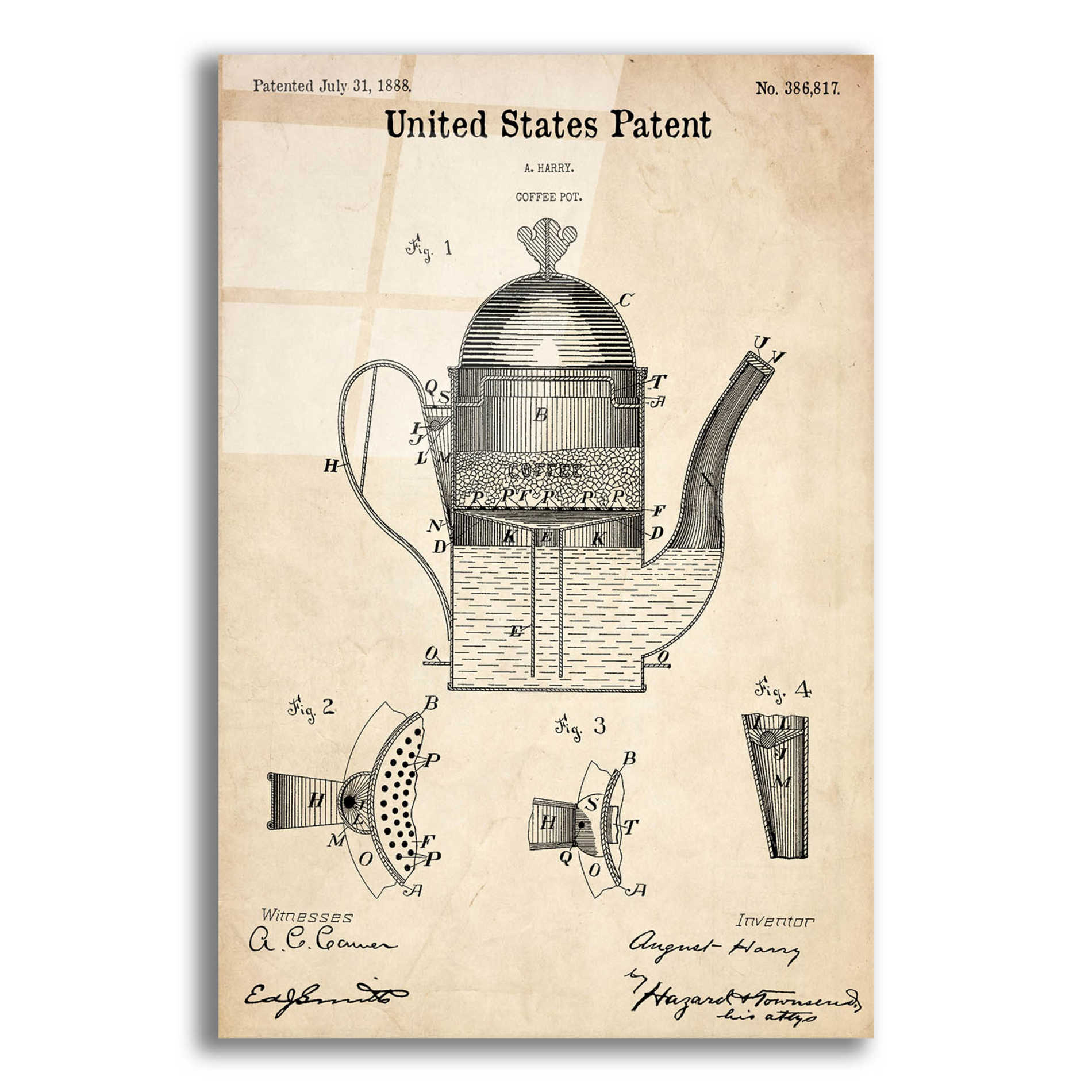 Epic Art 'Coffee Pot Blueprint Patent Parchment,' Acrylic Glass Wall Art,12x16