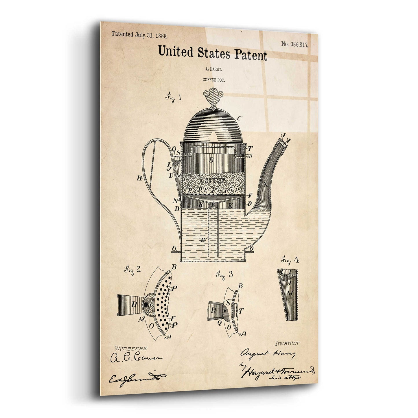 Epic Art 'Coffee Pot Blueprint Patent Parchment,' Acrylic Glass Wall Art,16x24