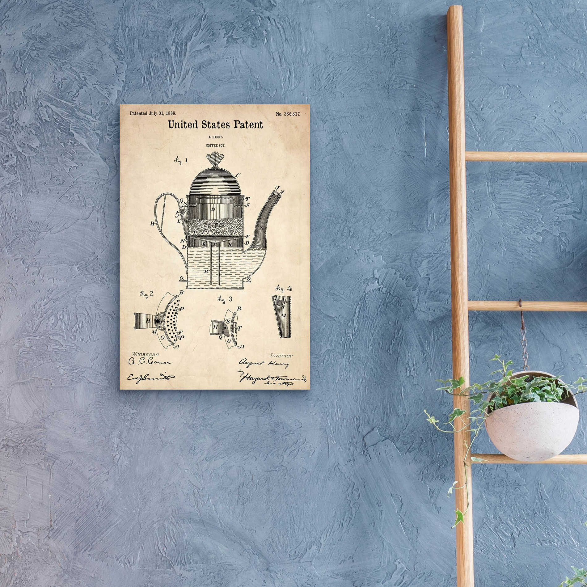 Epic Art 'Coffee Pot Blueprint Patent Parchment,' Acrylic Glass Wall Art,16x24