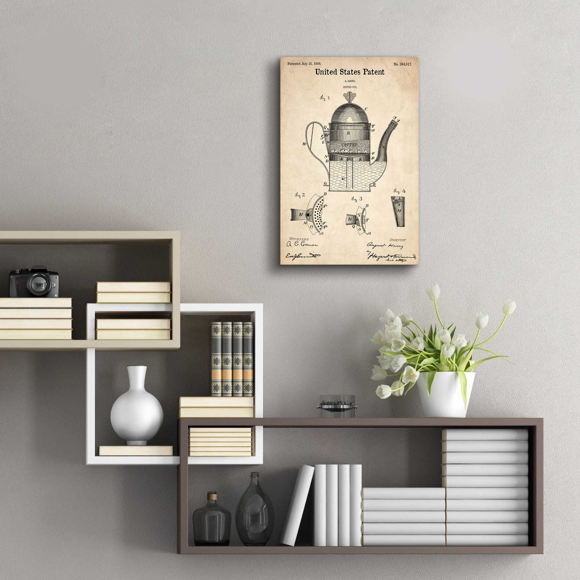 Epic Art 'Coffee Pot Blueprint Patent Parchment,' Acrylic Glass Wall Art,16x24