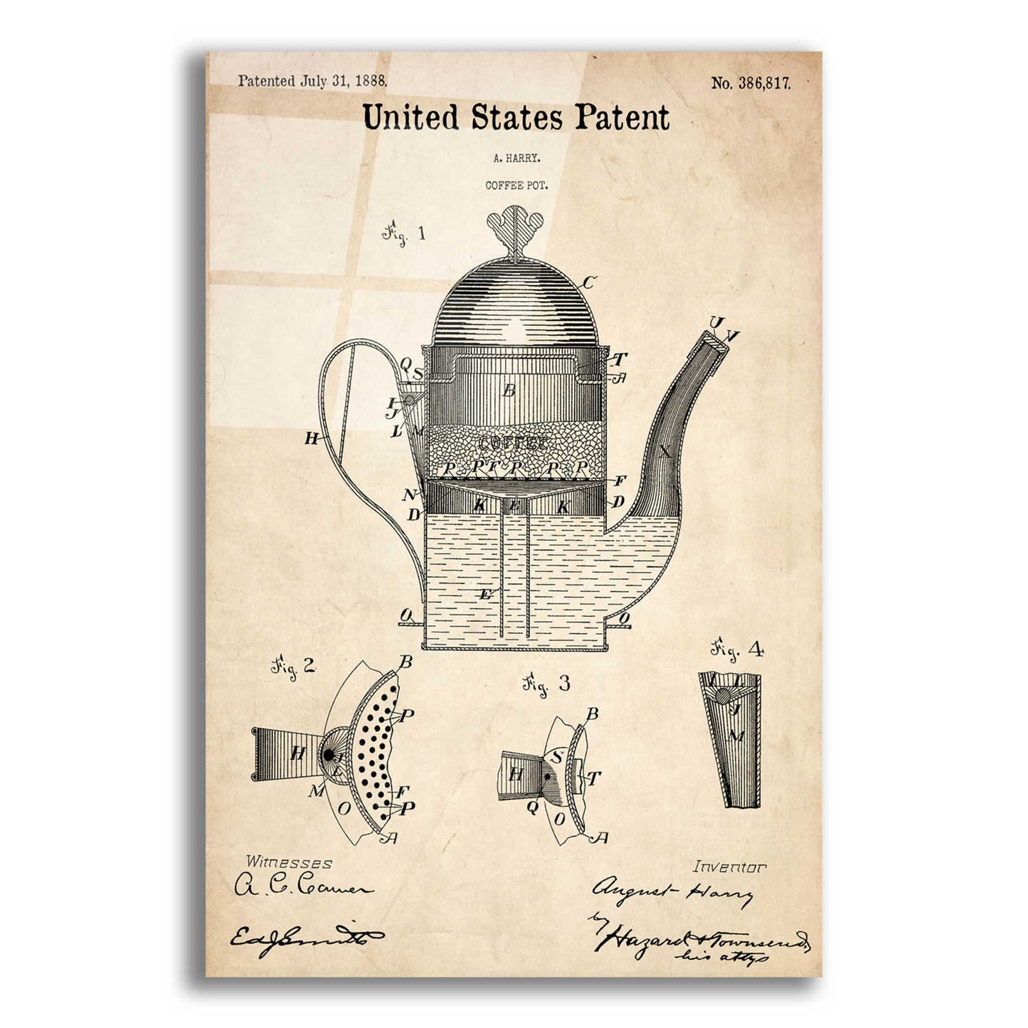 Epic Art 'Coffee Pot Blueprint Patent Parchment,' Acrylic Glass Wall Art,16x24