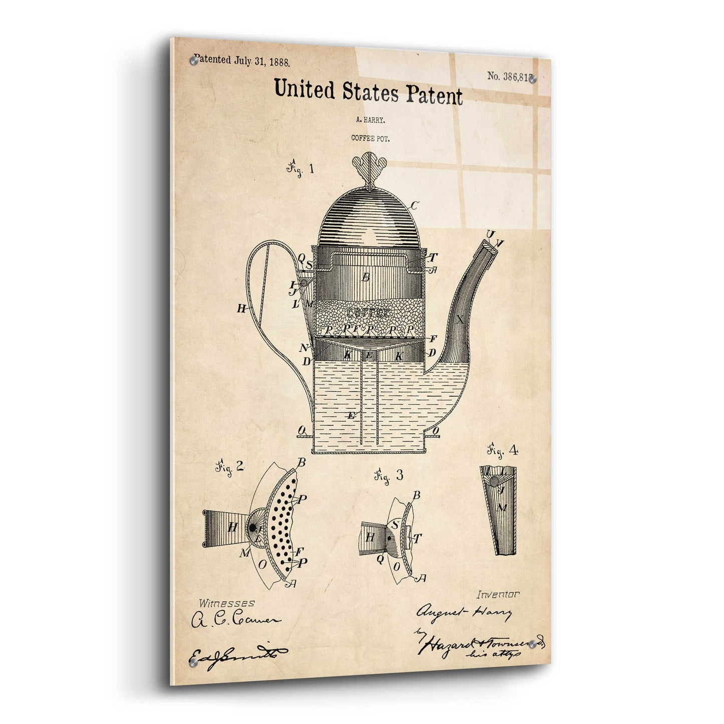 Epic Art 'Coffee Pot Blueprint Patent Parchment,' Acrylic Glass Wall Art,24x36