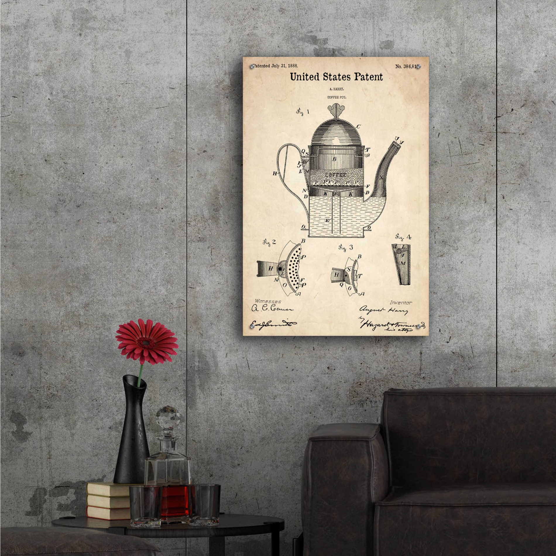 Epic Art 'Coffee Pot Blueprint Patent Parchment,' Acrylic Glass Wall Art,24x36