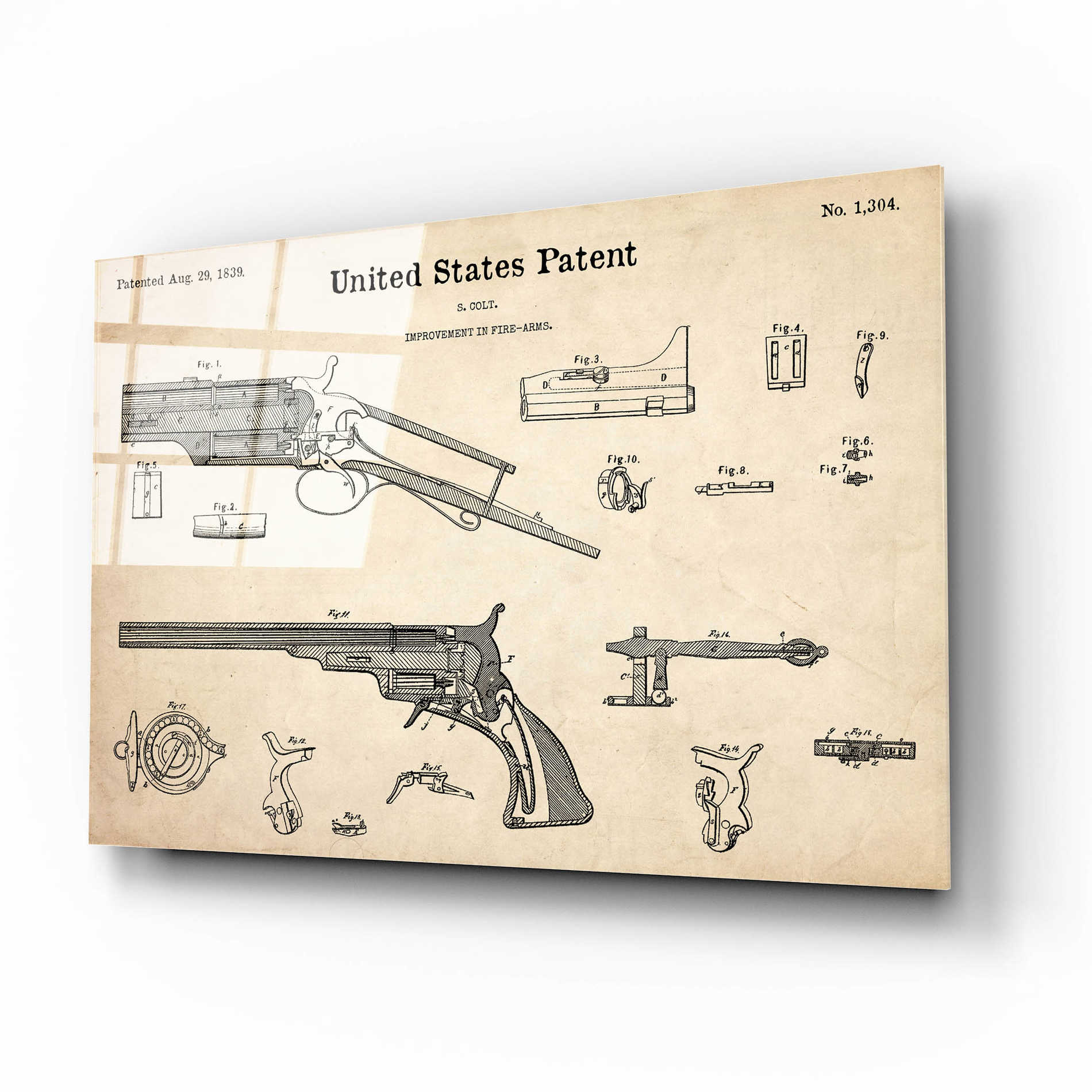 Epic Art 'Colt Revolver Blueprint Patent Parchment,' Acrylic Glass Wall Art,16x12