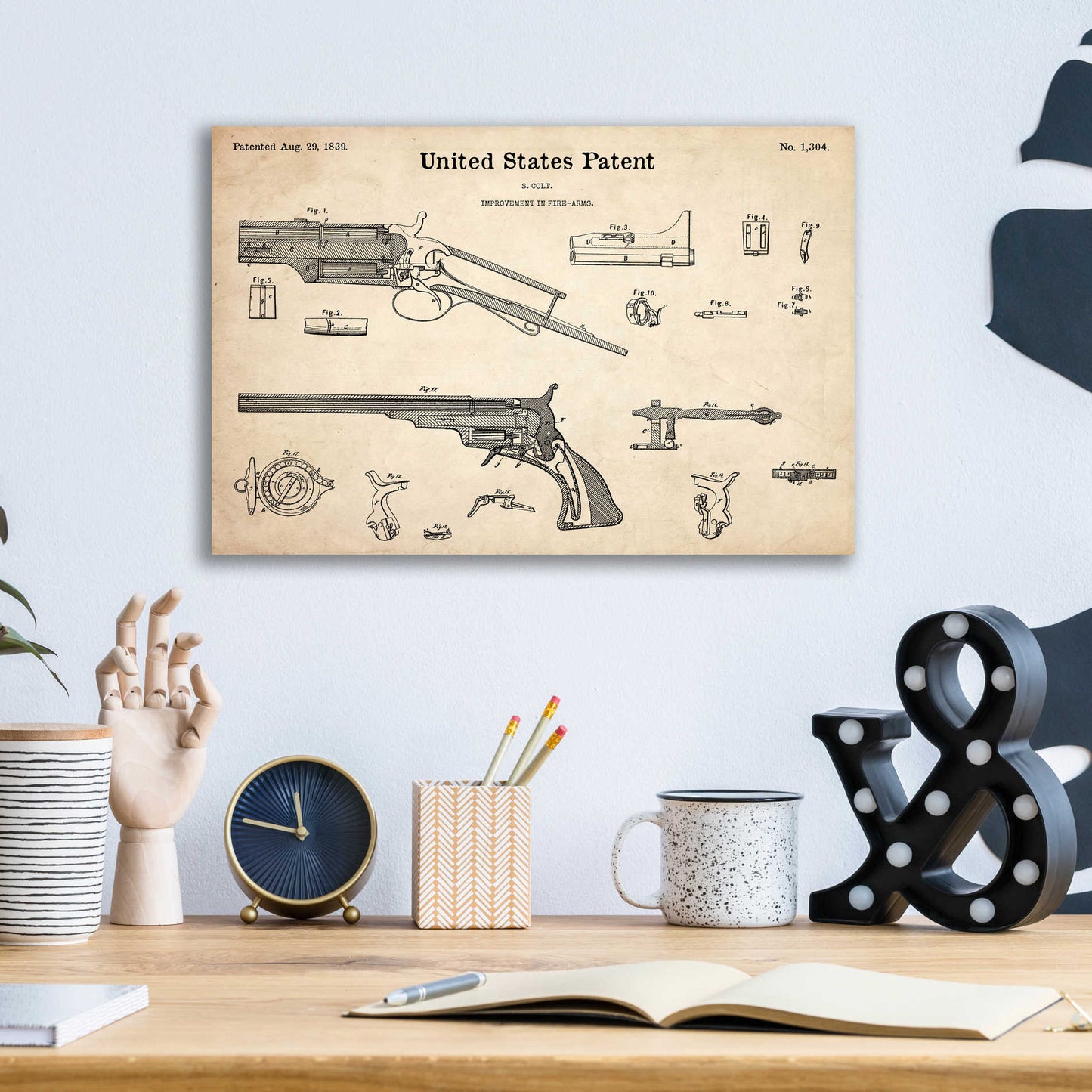 Epic Art 'Colt Revolver Blueprint Patent Parchment,' Acrylic Glass Wall Art,16x12